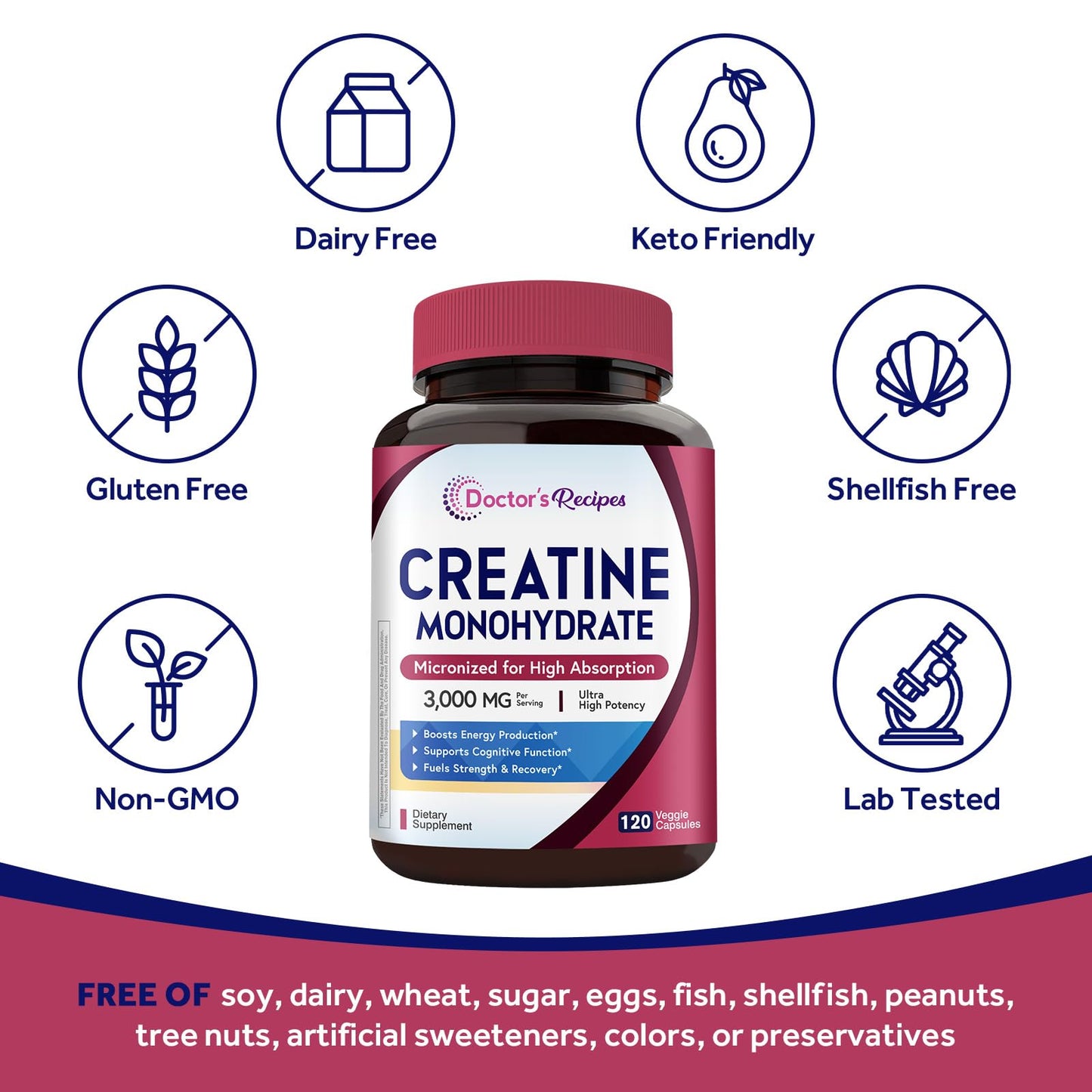 Doctor's Recipes Creatine Monohydrate 3000 mg Per Serving, Micronized Creatine Capsules, 120 Capsules