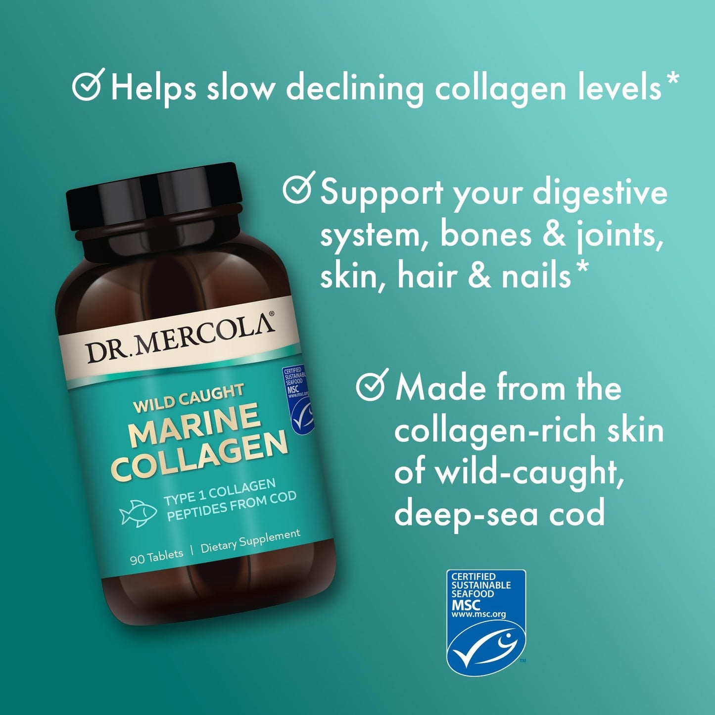 Dr. Mercola Marine Collagen - Supports Skin & Connective Tissue Health - Type I Collagen Peptides - MSC Certified Wild-Caught Cod, 90 Tablets