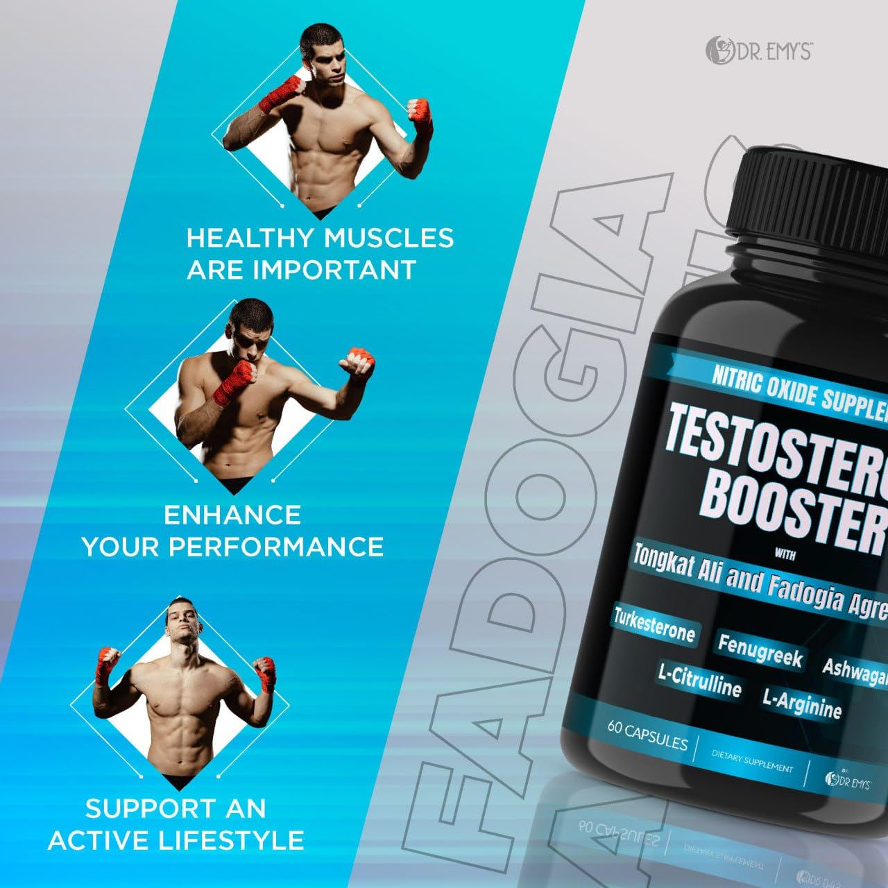 Dr. Emy's Testosterone Booster with Tongkat Ali, Fadogia Agrestis, Nitric Oxide, Ashwagandha, L-Arginine, Citrulline, Fenugreek, Turkesterone Pre-Workout Capsules, 60 Count