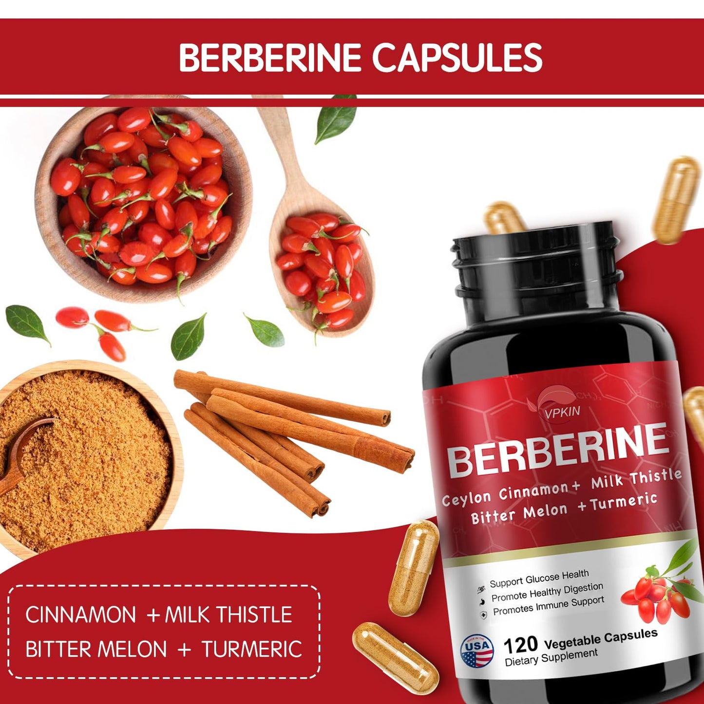 VPKIN Berberine HCl Supplement with Ceylon Cinnamon, Bitter Melon, Milk Thistle, 120 Capsules