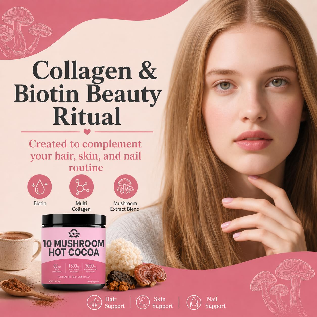 Suiyilary 10 Mushroom Hot Cocoa with Collagen 1500mg & Biotin 80mcg Powder, 5.3 oz