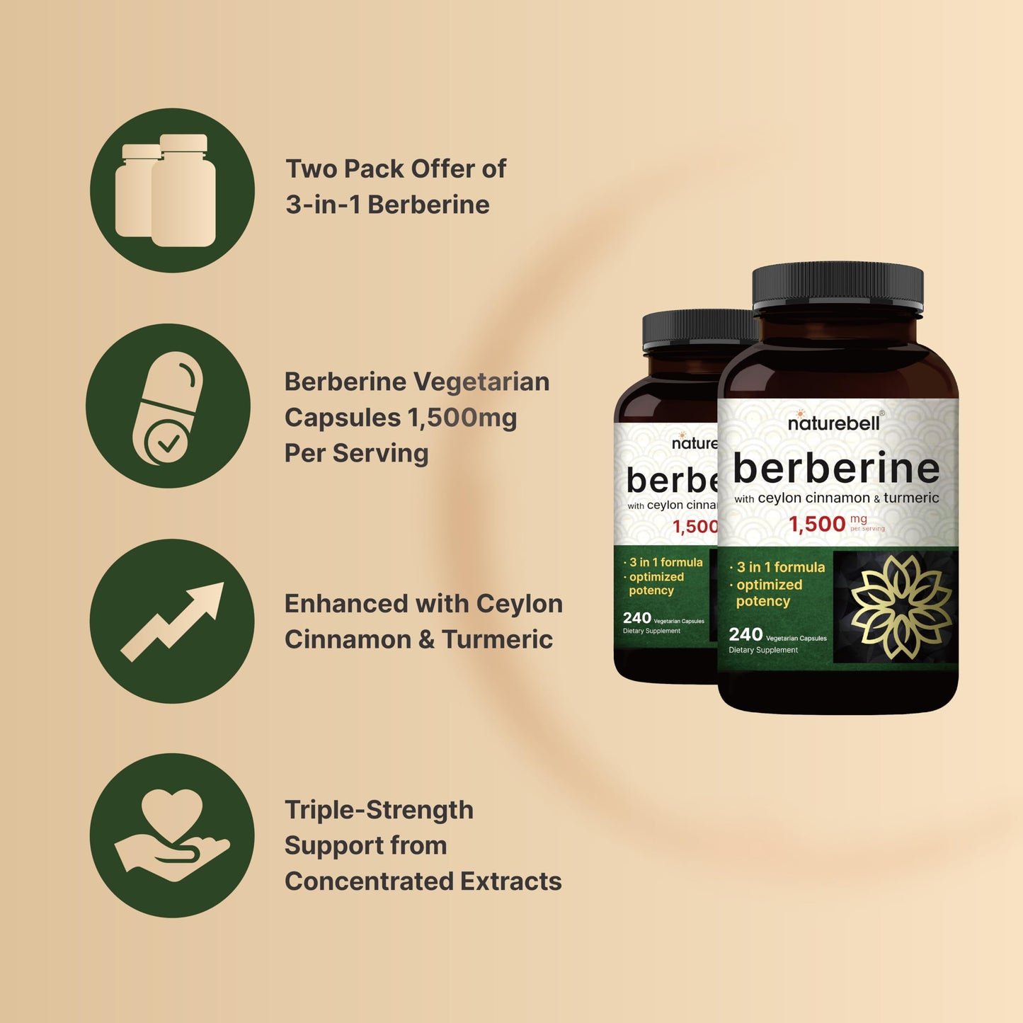 NatureBell Berberine Supplement 1,500mg with Ceylon Cinnamon & Turmeric Root Capsules, 480 Capsules