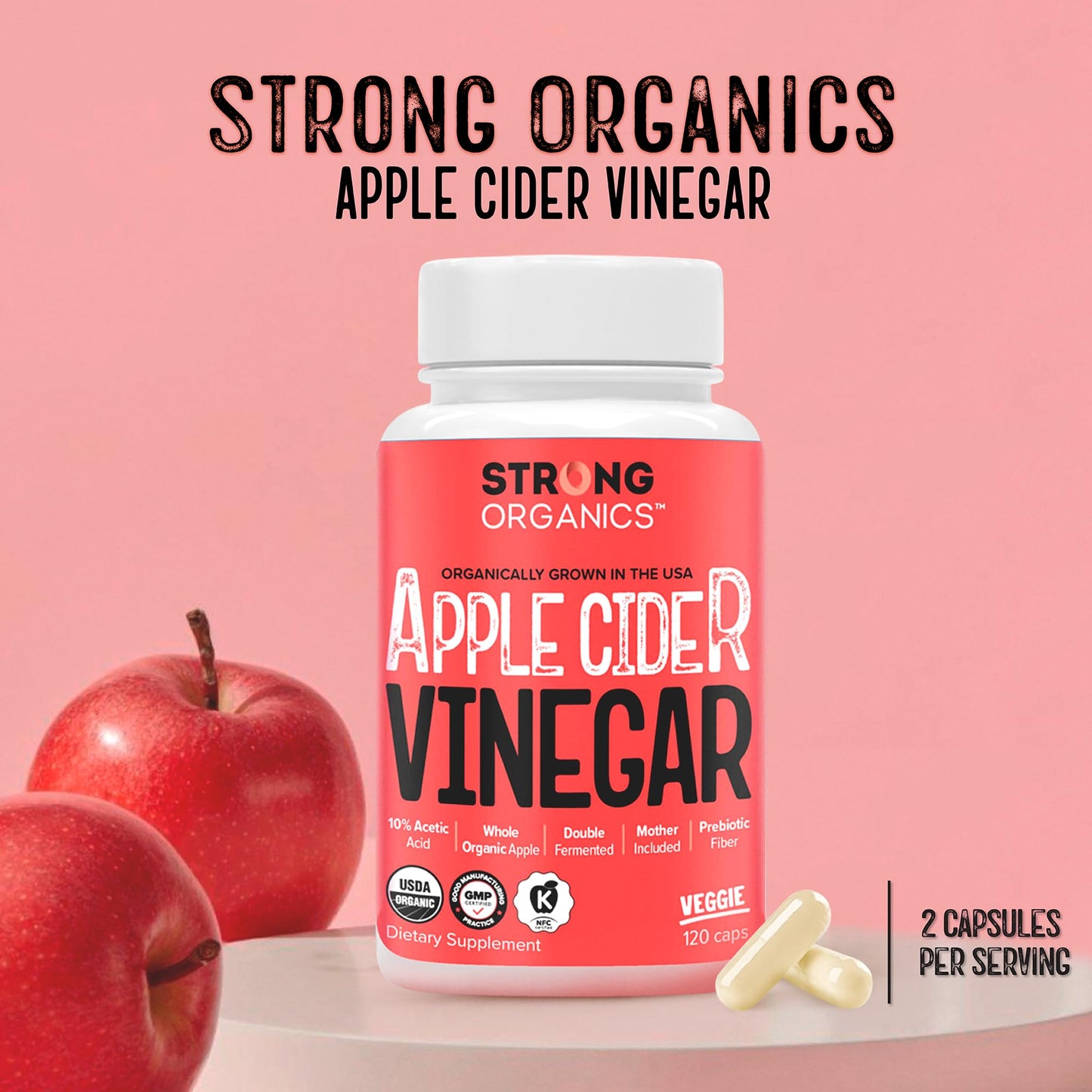 Strong Organics Organic Apple Cider Vinegar Capsules with The Mother, 1100mg ACV with 110mg Acetic Acid, 120 Vegan Caps