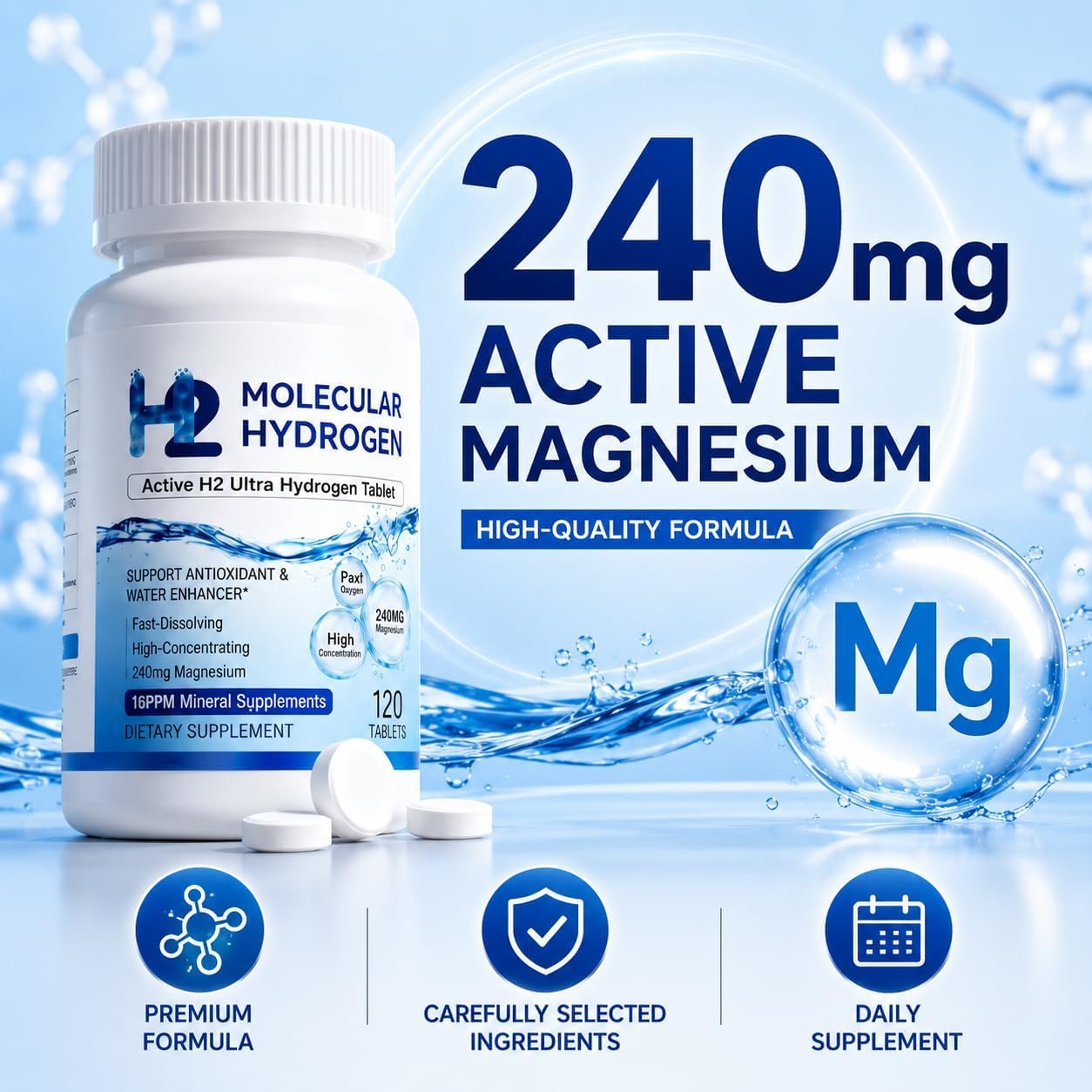 Jebiue Hydrogen Water Tablets with 16 PPM Molecular H2 and 240 mg Magnesium, 120 Tablets