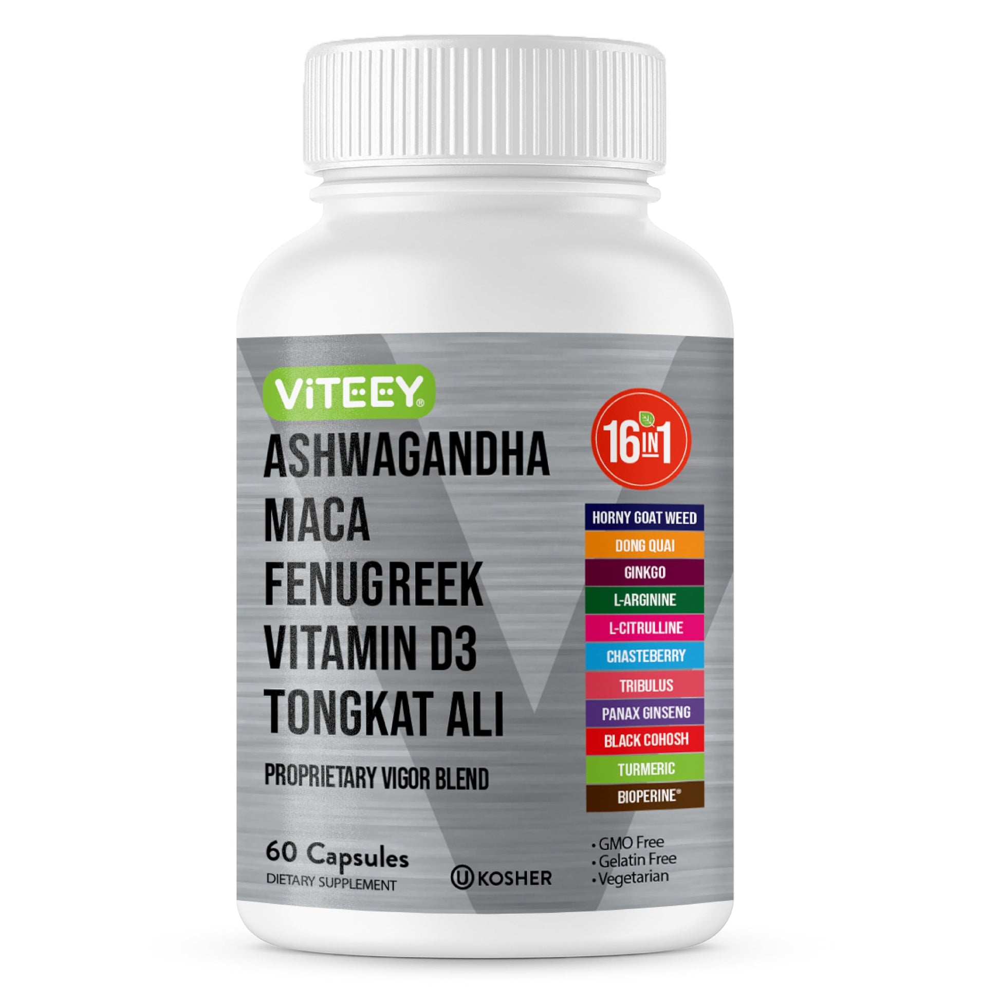 Viteey Ashwagandha Maca Fenugreek Supplement with Tongkat Ali – Drive, Passion & Energy Support for Men & Women – Mood, Calm & Stress Support, 60 Capsules