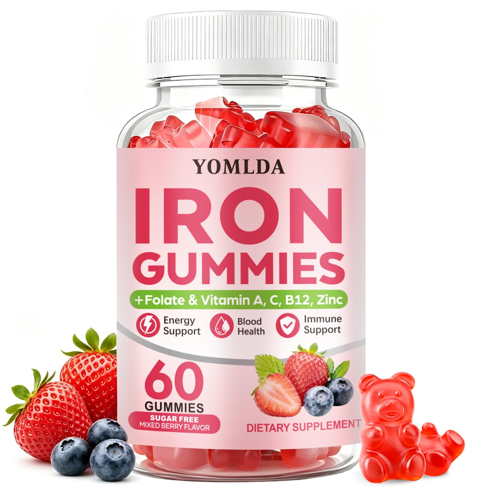 YOMLDA Iron Gummies for Women, Men & Kids - Vegan Sugar-Free with Vitamin C, A, B-Complex & Folate for Energy, Blood & Immune Support, 60 Gummies