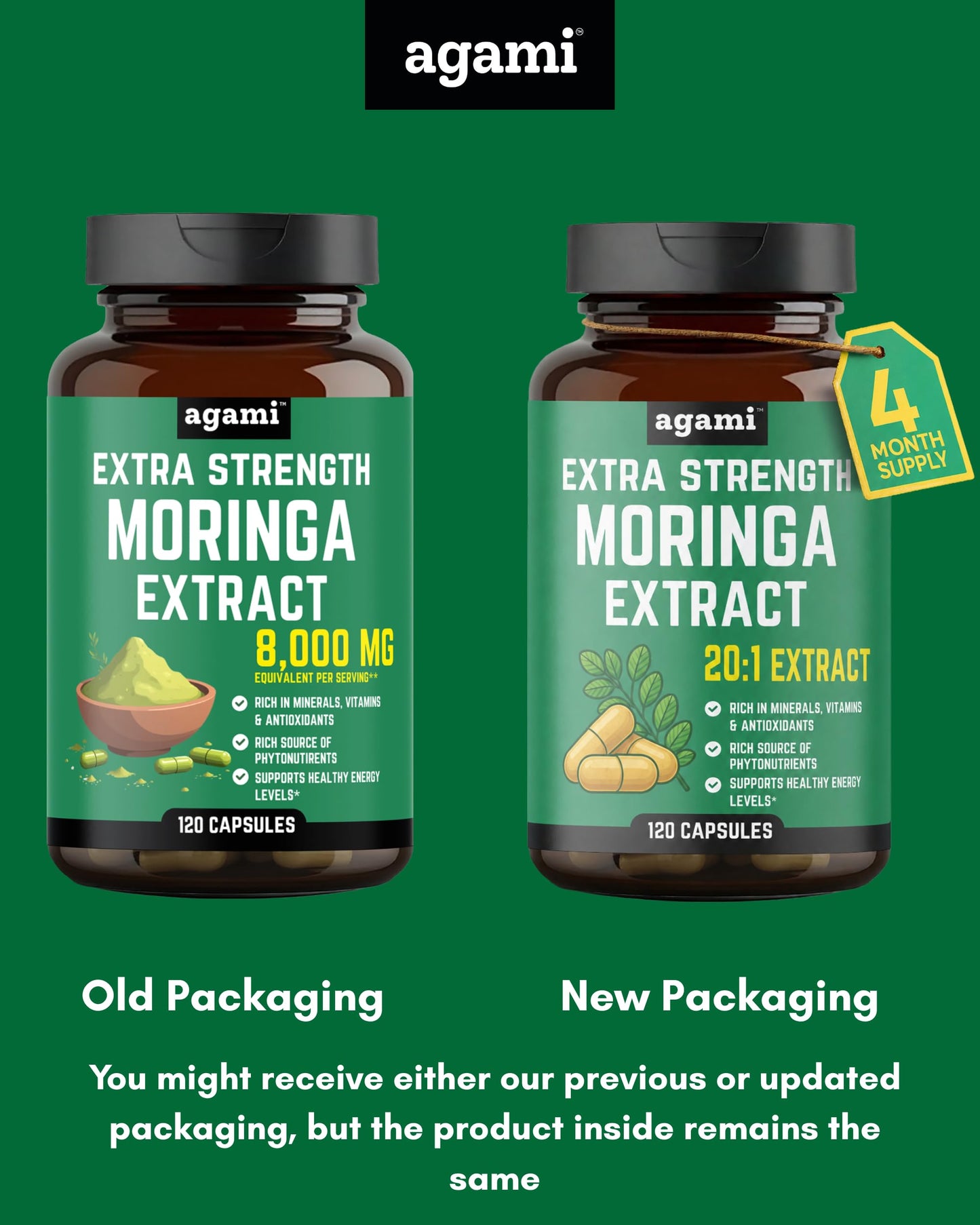 Agami Moringa Capsules, 400mg 20:1 Extract, 120 Capsules