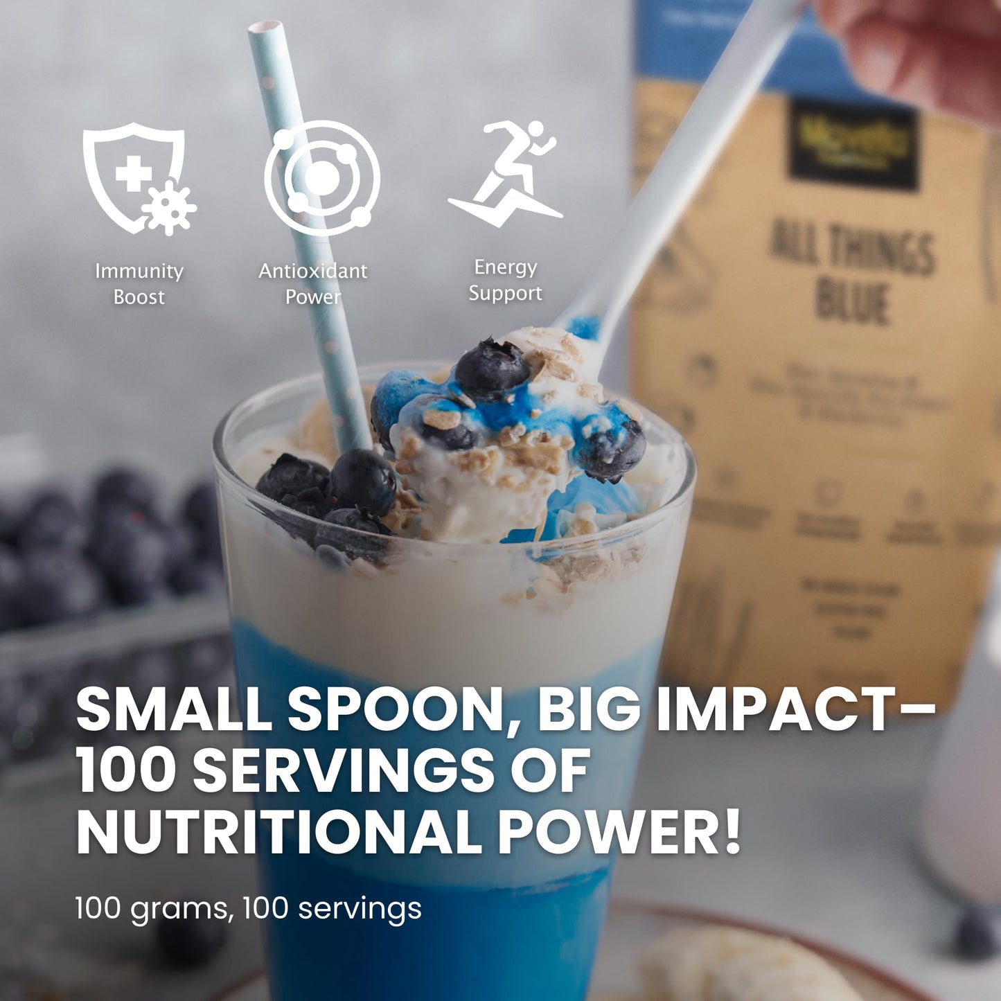 Mavella Blue Spirulina Powder with Butterfly Pea Flower & Blueberry 3.5 Ounce