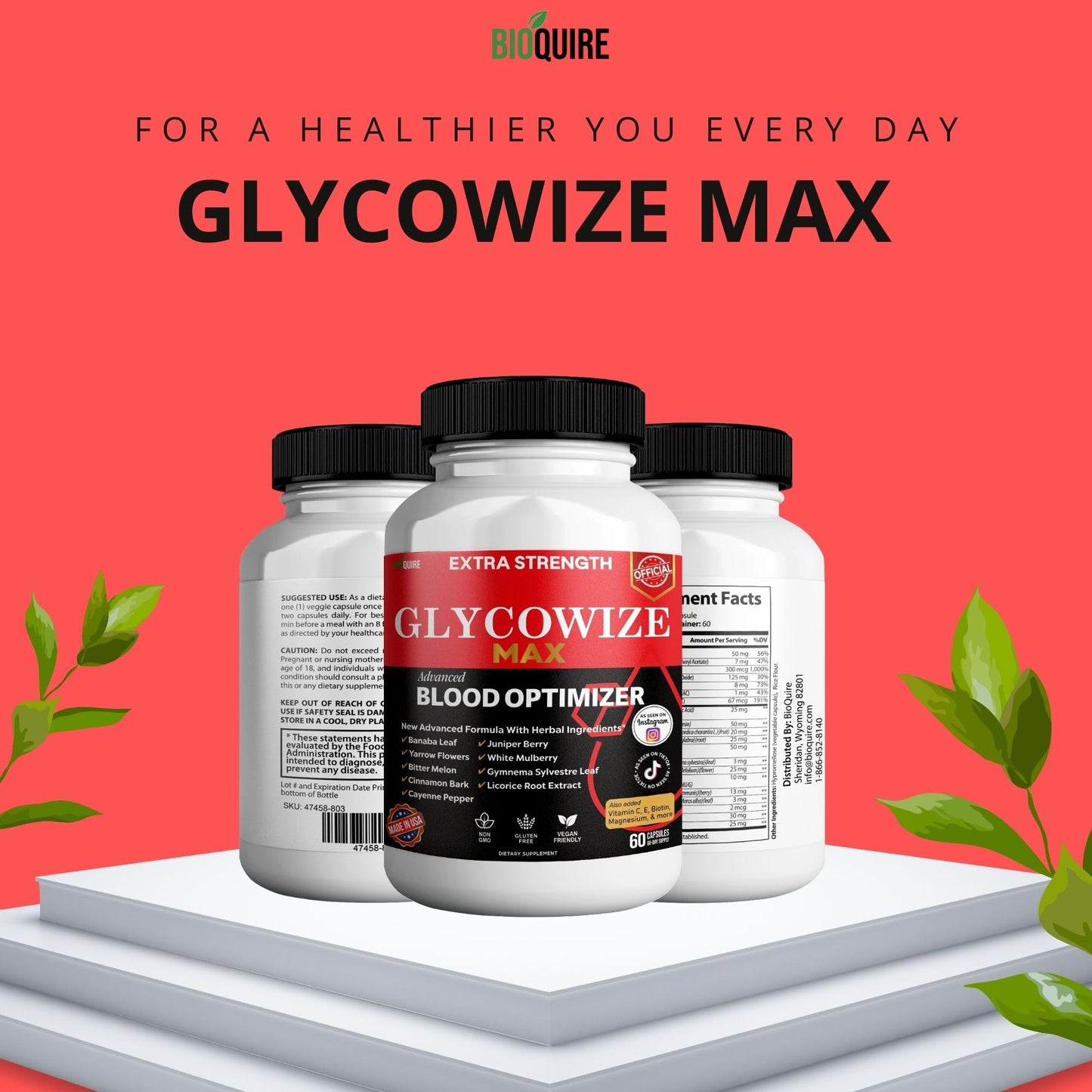 BIOQUIRE Glycowize Max Extra Strength Blood Optimizer, Advanced Formula with Herbs and Vitamins, 60 Capsules