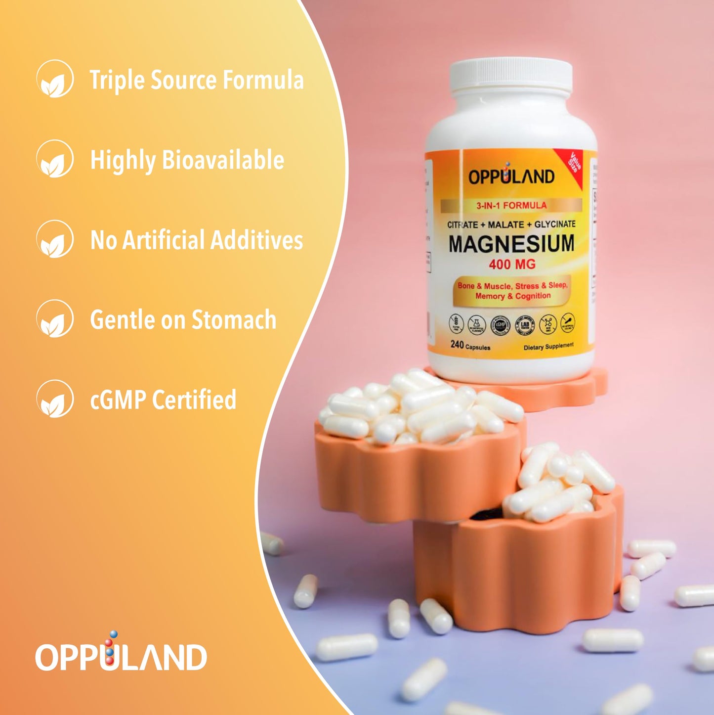 Oppuland Triple Magnesium Complex Supplement – 400mg with Citrate, Malate & Glycinate – Chelated Magnesium Blend for Women & Men – 240 Capsules