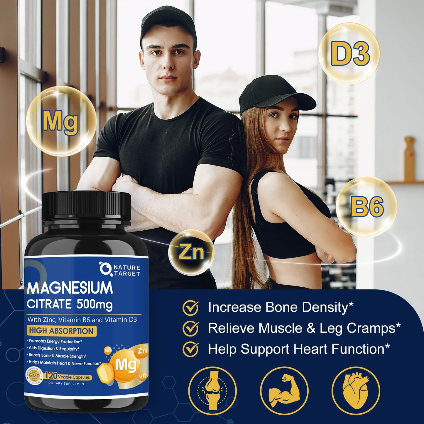 Nature Target Magnesium Citrate 500mg with Zinc & Vitamin D Capsules, 120 Count