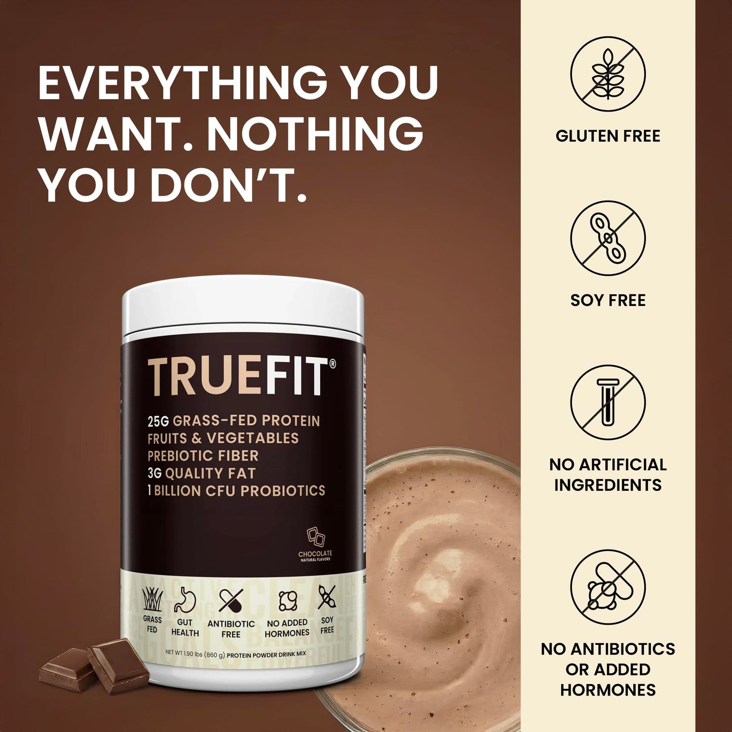 RSP NUTRITION TrueFit Grass-Fed Whey Protein Powder + Fiber & Probiotics, Chocolate Shake 32 Servings