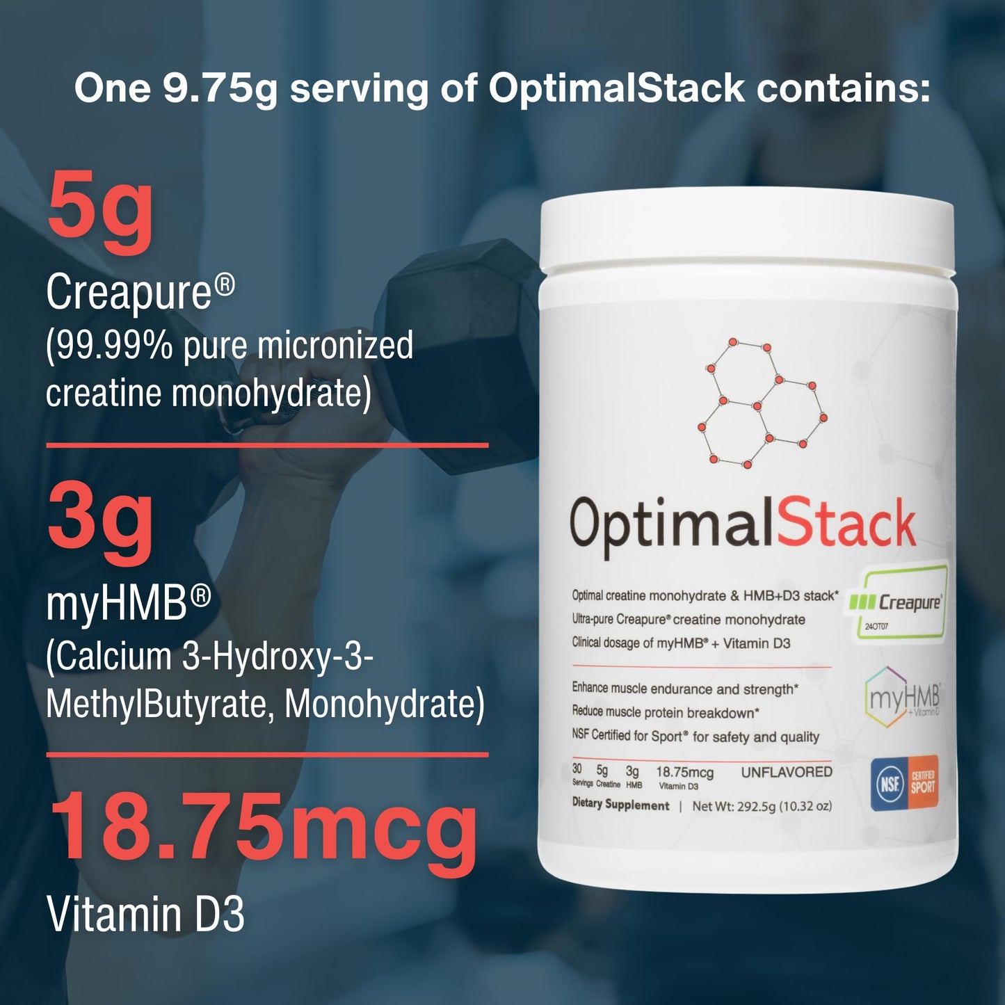 OptimalAmino OptimalStack Creatine Monohydrate, HMB, & Vitamin D3 Stack Powder 10.32 oz