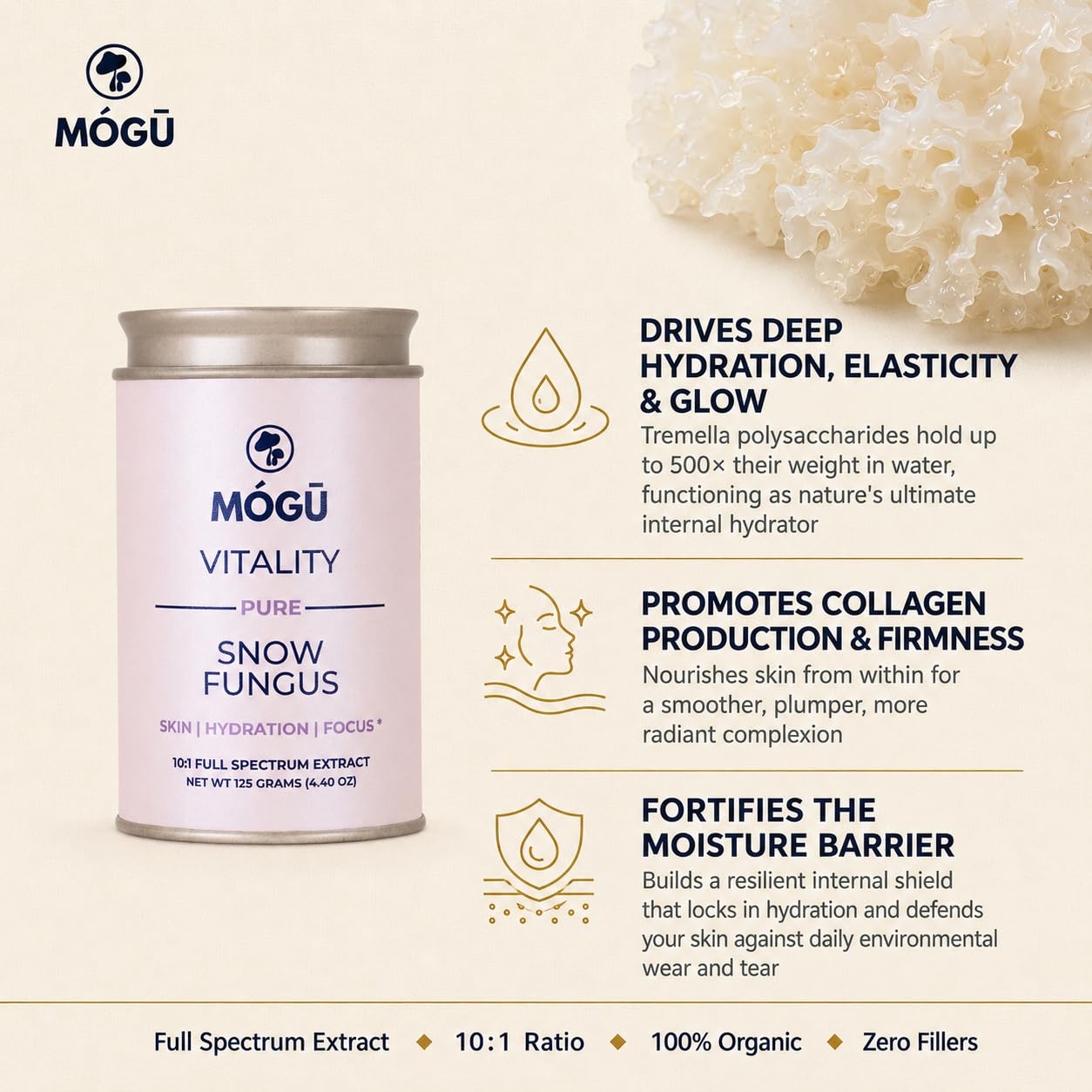 MÓGU MUSHROOMS Mógū Vitality Snow Fungus Organic Mushroom Powder Tremella Fuciformis Supplement, 4.4 oz Powder