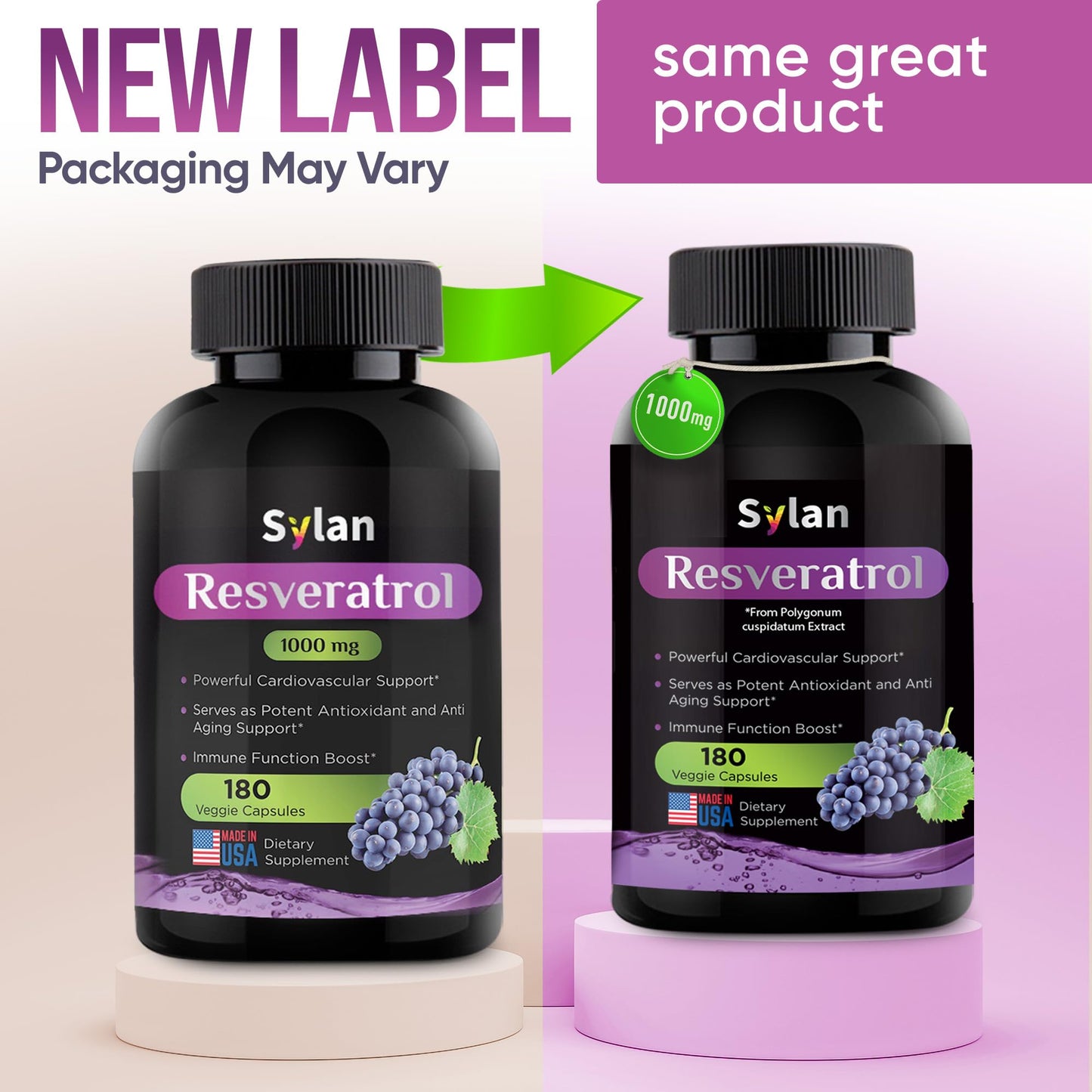 SYLAN Resveratrol Supplement 1000mg, 180 Veggie Capsules