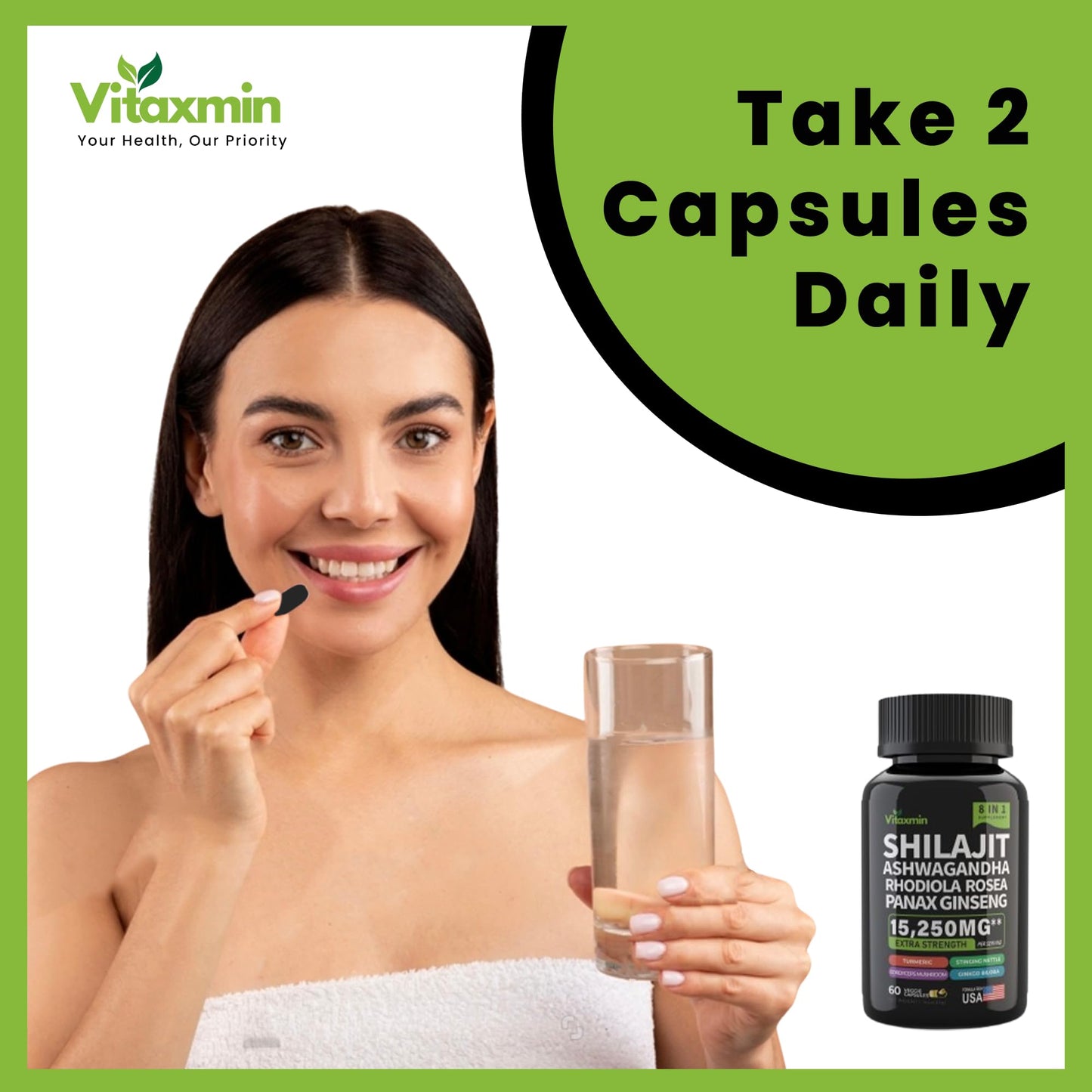 vitaxmin Shilajit and Ashwagandha Capsules, 8-in-1 Herbal Multivitamin for Men and Women, with Rhodiola Rosea, Ginseng, and Stinging Nettle, 60 Capsules