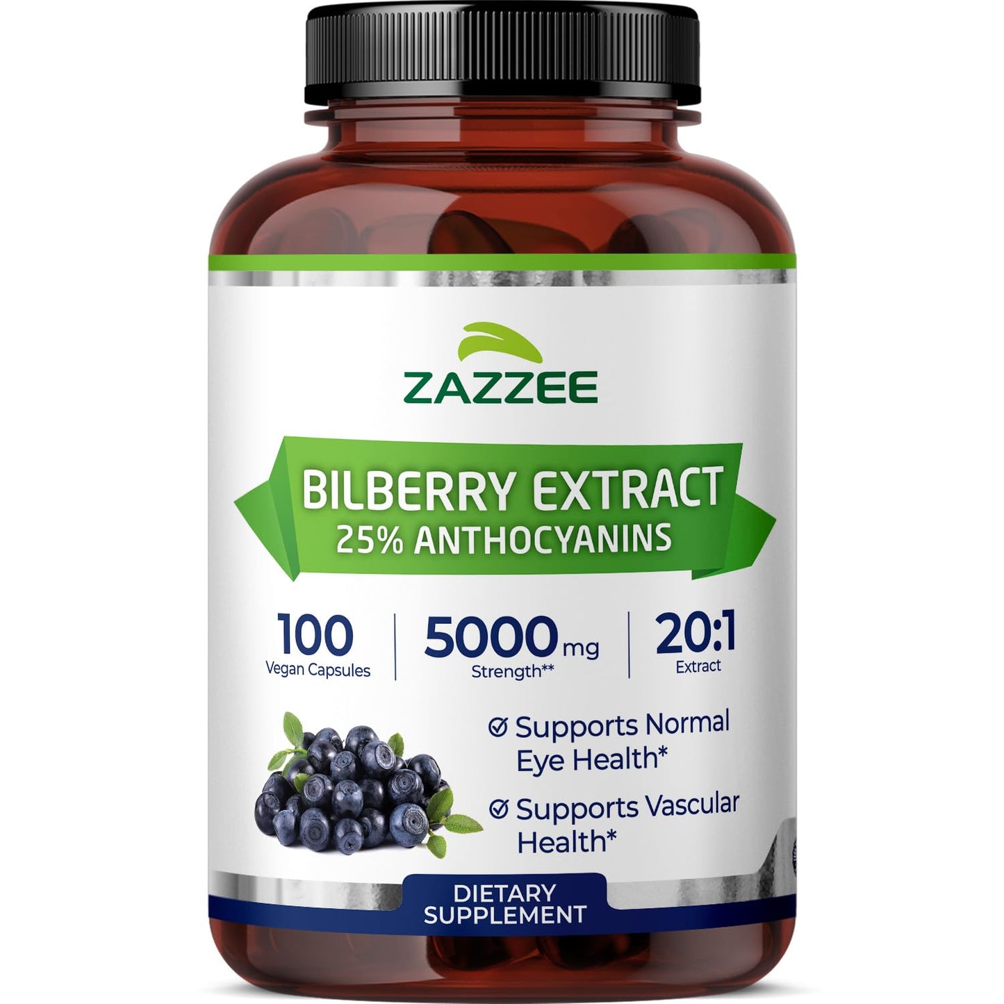 Zazzee Extra Strength Bilberry 20:1 Extract, 25% Anthocyanins Capsules, 100 Count