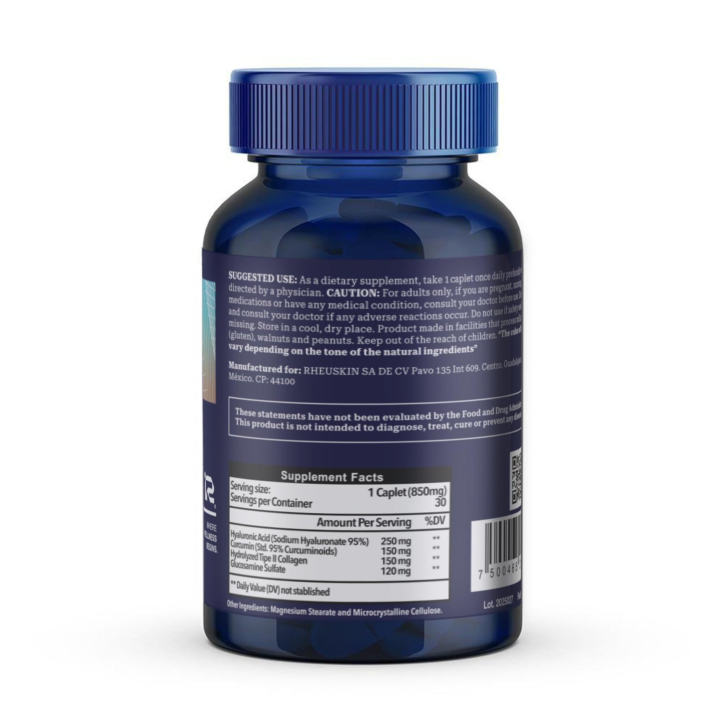 Rheuskin Motion – Advanced Joint Support with Hyaluronic Acid, Glucosamine, Curcumin & Type II Collagen Caplets, 30 Count