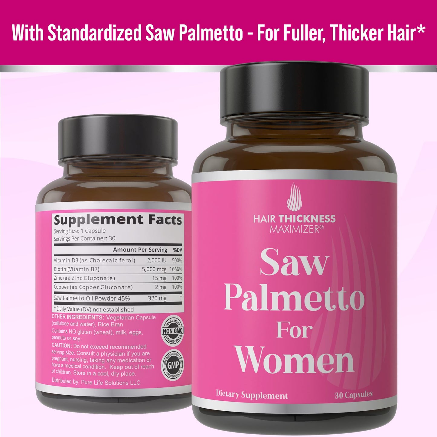 Hair Thickness Maximizer Saw Palmetto for Women + Biotin, Zinc, Copper, & Vitamin D Capsules, 30 Count