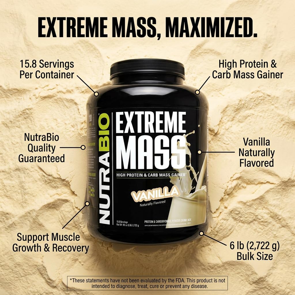 NutraBio Extreme Mass Gainer Protein Powder - Vanilla, 96 Servings