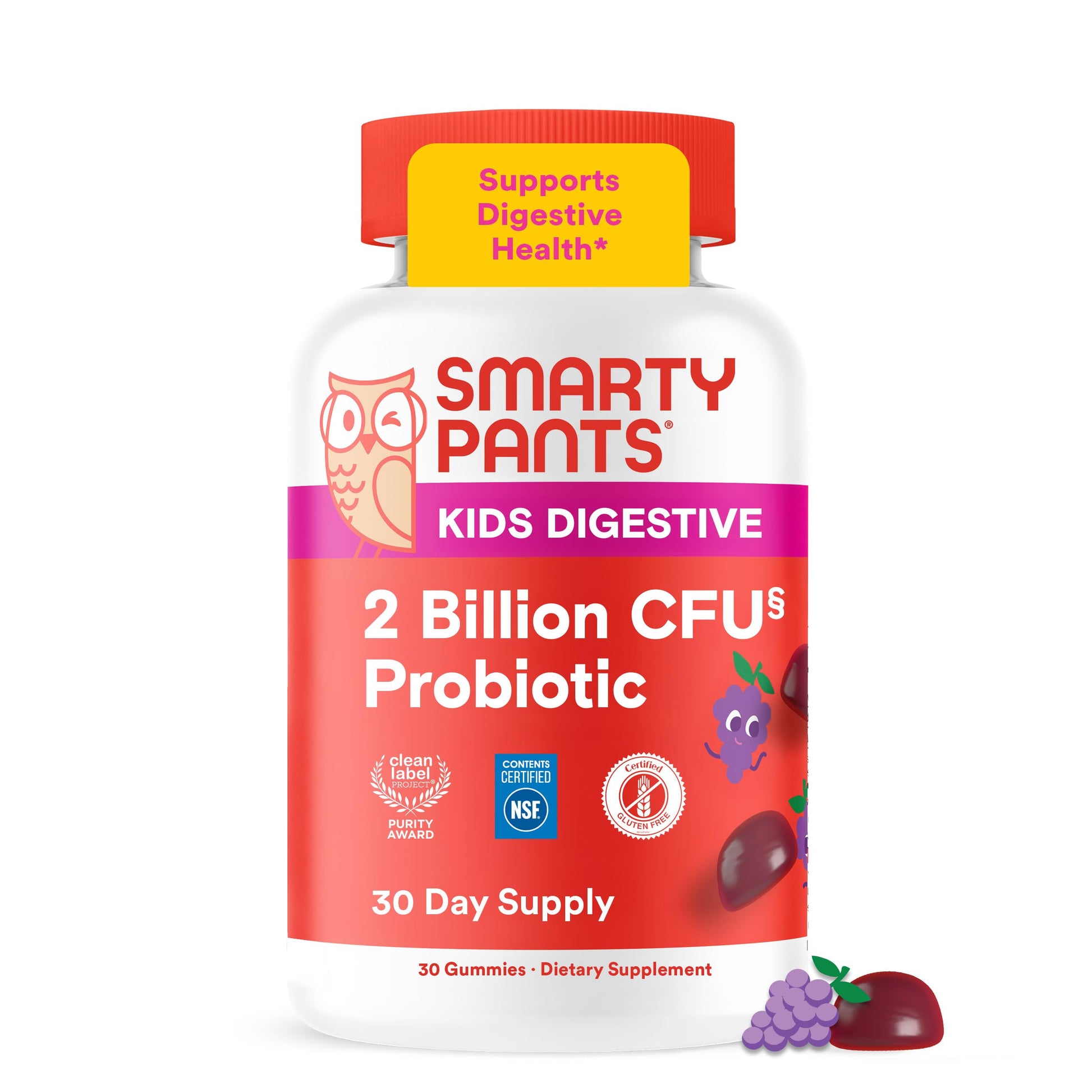 SmartyPants Kids Probiotic Gummies for Digestive Health 2 Billion CFU Gut Health and Immune Support, Clinically Studied Probiotic, Gluten Free, Grape, 1 Count