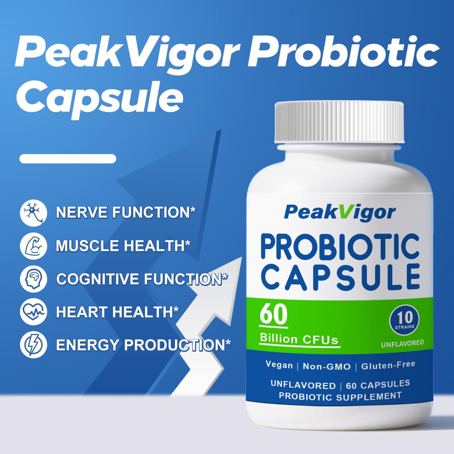 PeakVigor Probiotic Capsules for Women, 60 Billion CFU with Prebiotic Blend, Vegan, 10 Strains, Non-GMO, Gluten-Free & Easy-Swallow, 60 Capsules