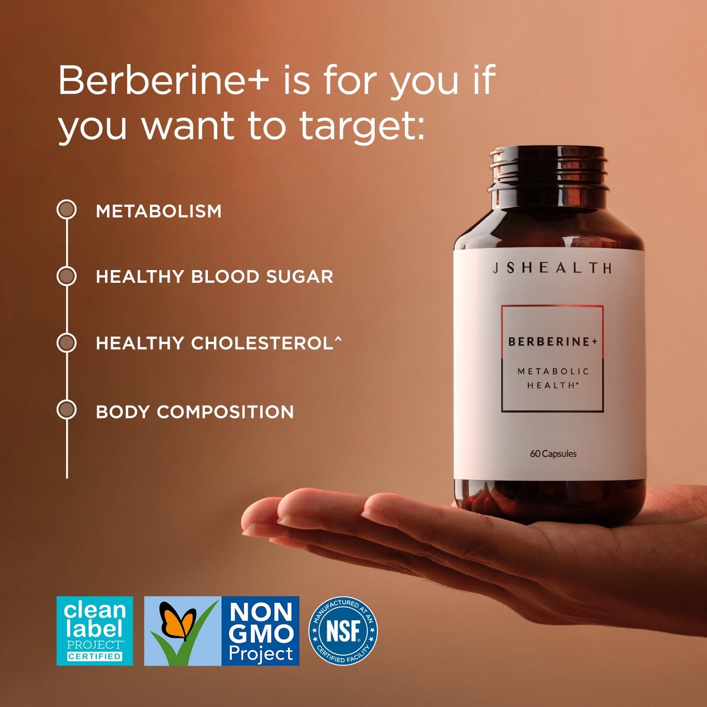 JSHealth Berberine Supplement with Berbevis for Metabolic Health Support Higher Strength for Blood Sugar Already in the Normal Range and Body Composition, 60 Tablets