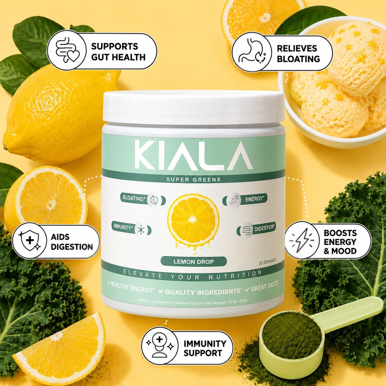 Kiala Nutrition Super Greens Organic Greens Powder with Spirulina & Chlorella, Lemon Drop, 30 Servings