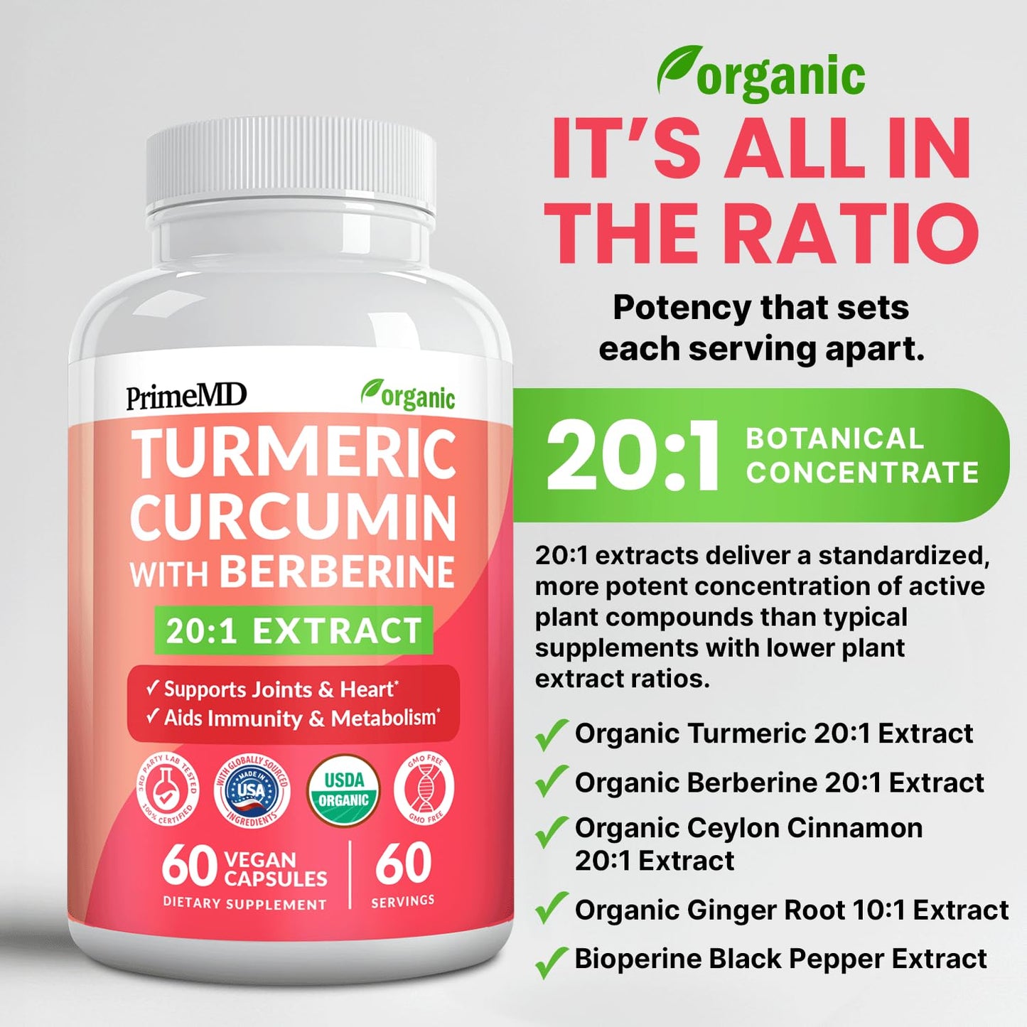 PrimeMD 5-in-1 USDA Organic Turmeric Curcumin Capsule 60 Count