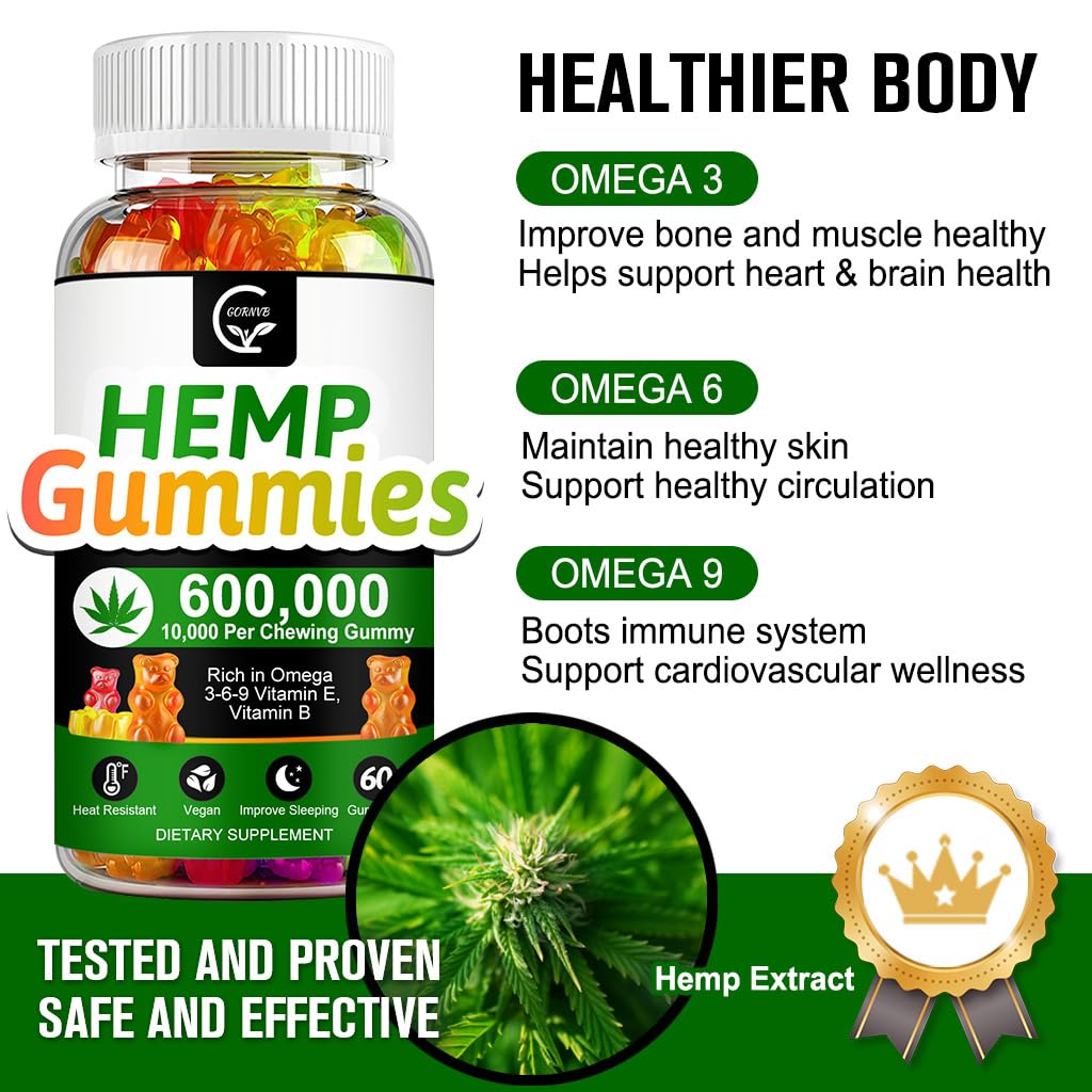 GORNVB High Potency Hemp Gummies 600,000 Extra Strength - Stress, Sleep & Mood Support, 100% Natural Hemp Oil Infused, Vegan, Non-GMO, Gluten-Free - 180 Gummies