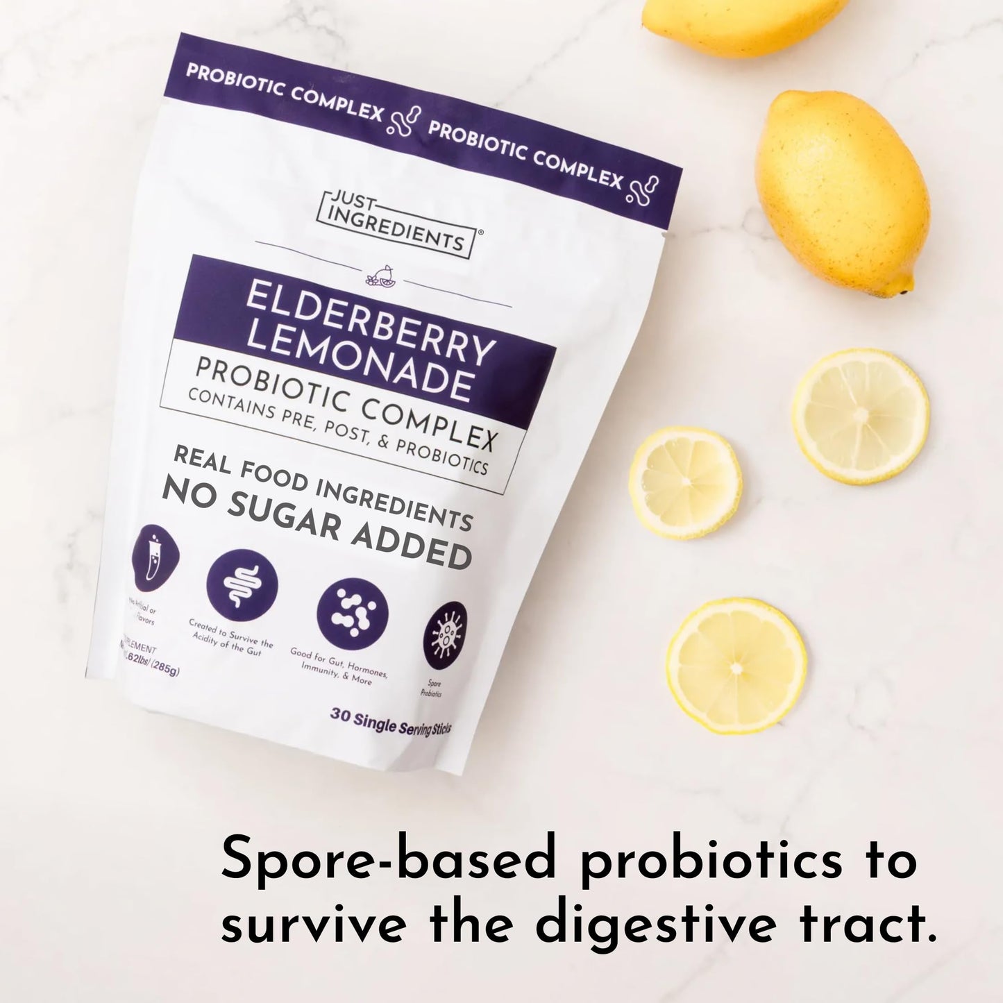 JUST INGREDIENTS Elderberry Lemonade 3-in-1 Probiotic Complex - Prebiotics, Probiotics & Postbiotics Powder 5.4 oz