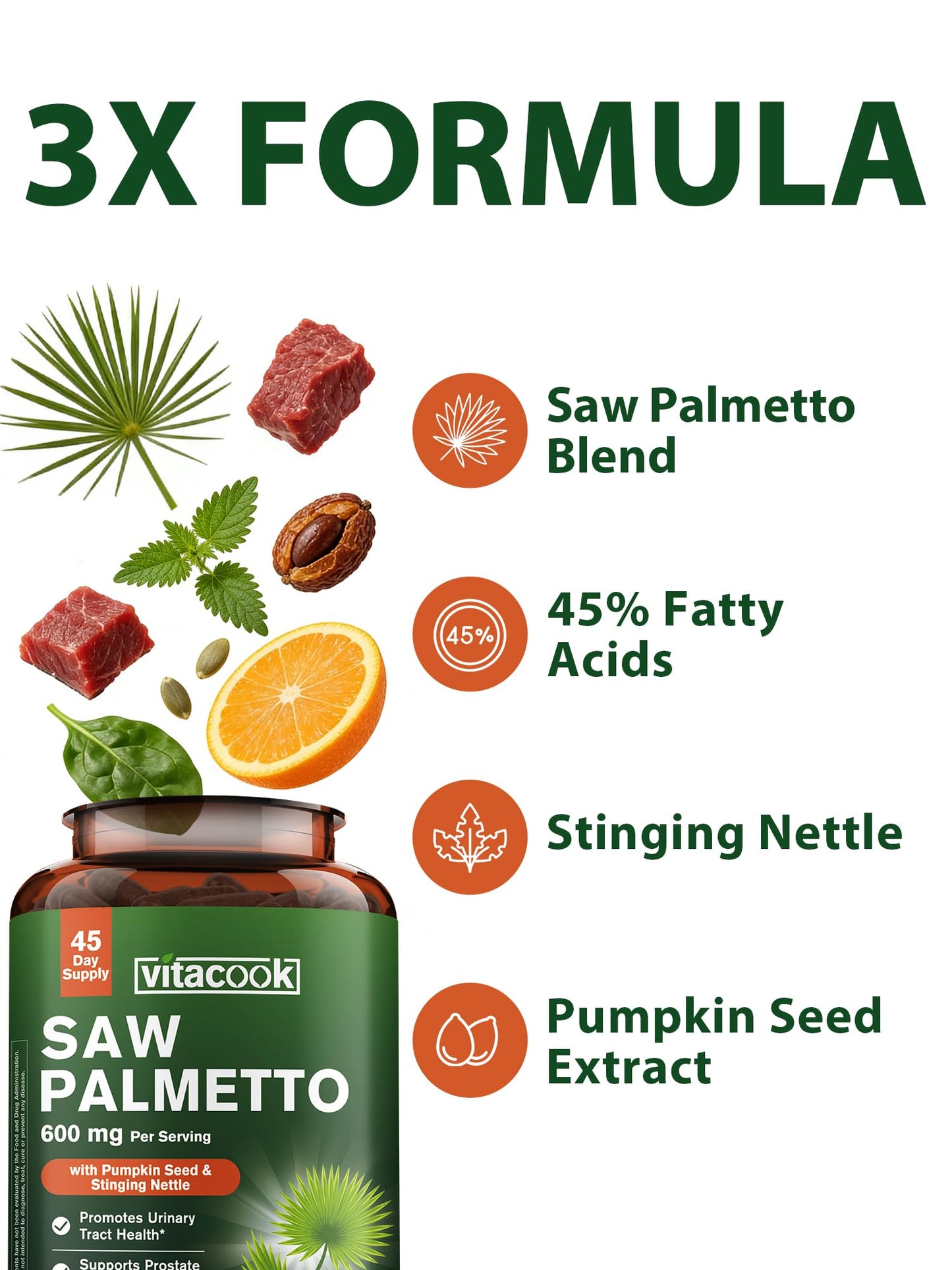 Vitacook Saw Palmetto Supplement for Men 600mg Capsules 90 Count