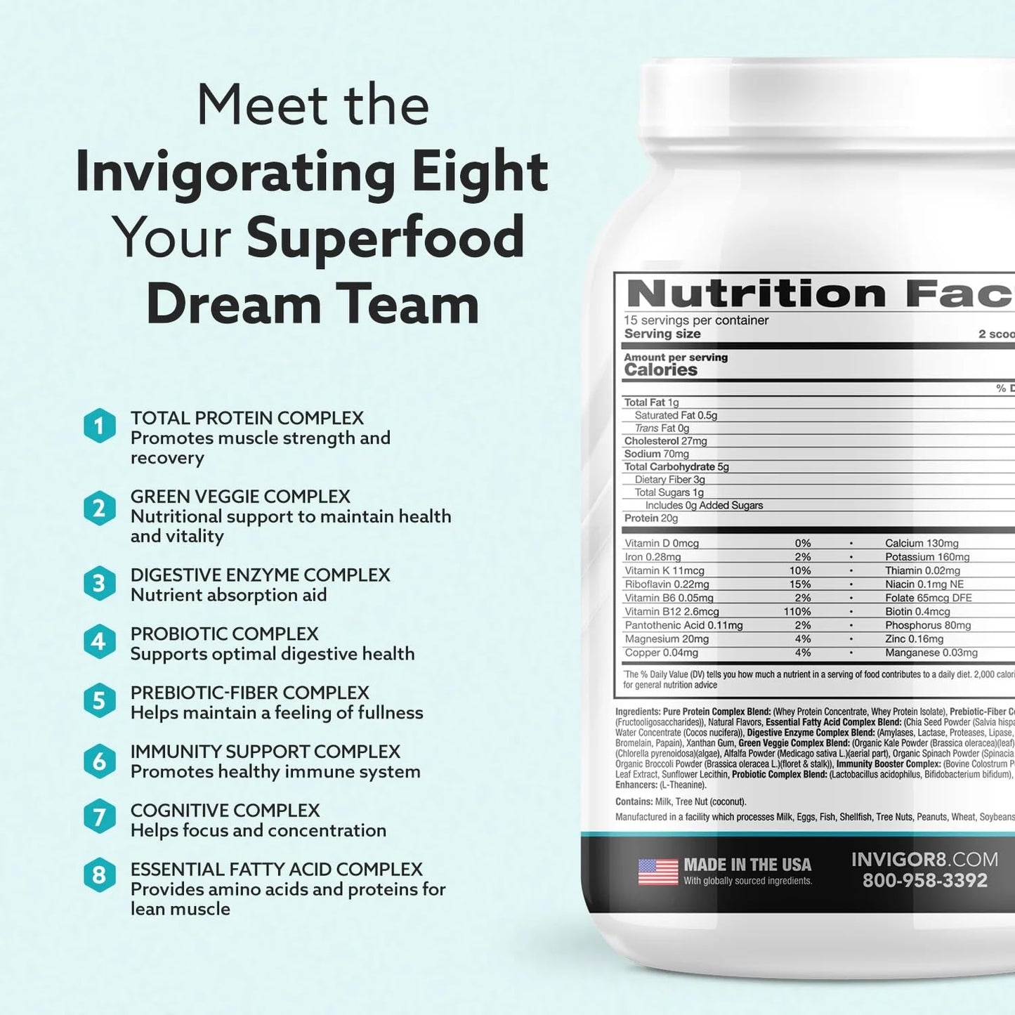 INVIGOR8 Superfood Grass-Fed Whey Protein Isolate Shake French Vanilla Powder 22.6 oz