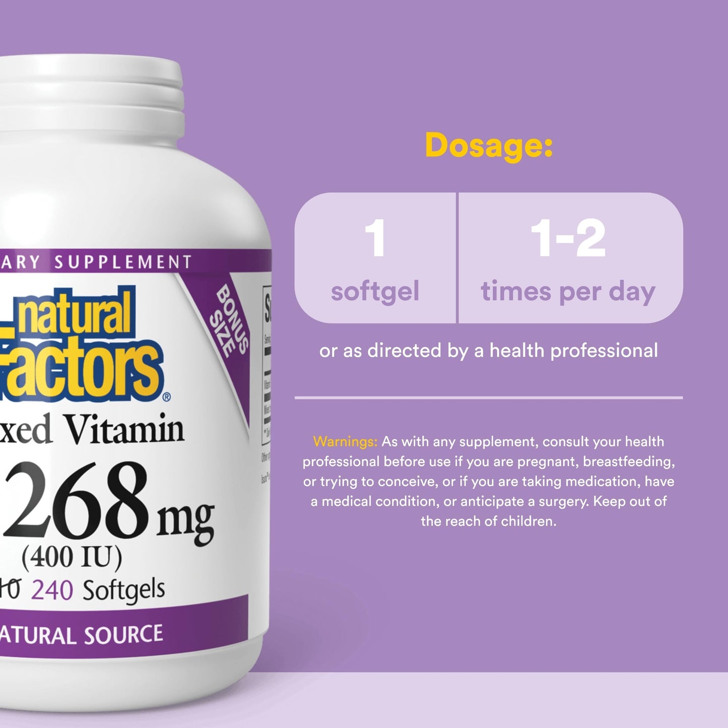 Natural Factors Mixed Vitamin E 400 IU Softgels, 240 Count