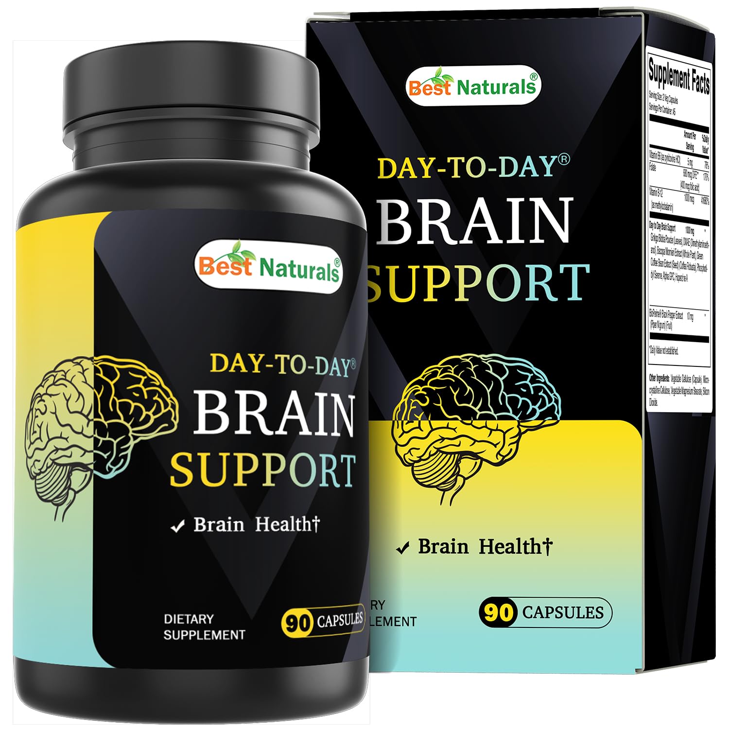 Best Naturals Day-to-Day Brain Support Supplement with Ginkgo Biloba, DMAE, Bacopa, Green Coffee, Phosphotidyl Serene, Alpha GPC, Huperzine A, Folate, B6, & B12, 90 Veg Capsules