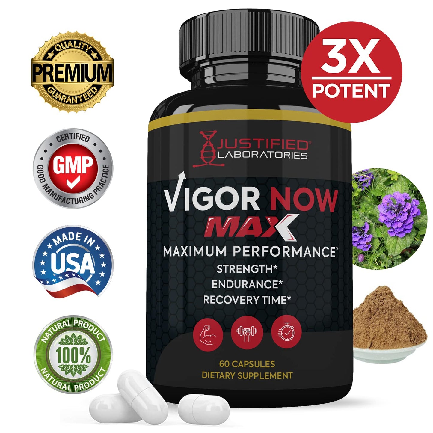 Justified Laboratories Vigor Now Max 1600MG All Natural Advanced Men's Health Formula 300 Capsules