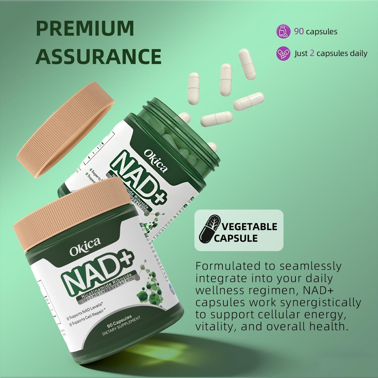 Okica NAD+ Supplement with Nicotinamide Riboside & Resveratrol 1000mg Capsules, 90 Count