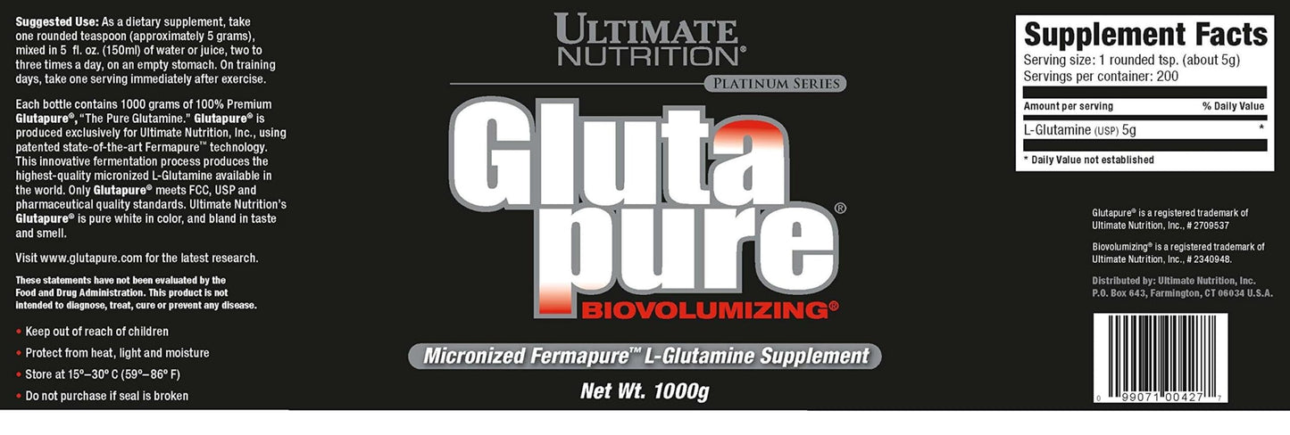 Ultimate Nutrition Glutapure 5000mg Biovolumizing L-Glutamine, Amino Acid Powder for Immune Function - Powder 2.2 lb