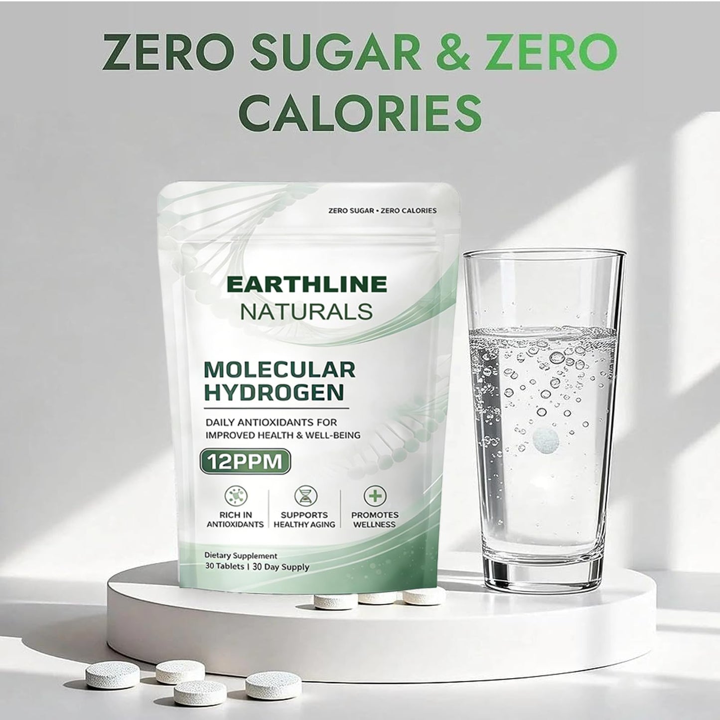 Earthline Naturals Molecular Hydrogen Tablets 12PPM, 30 Tablets