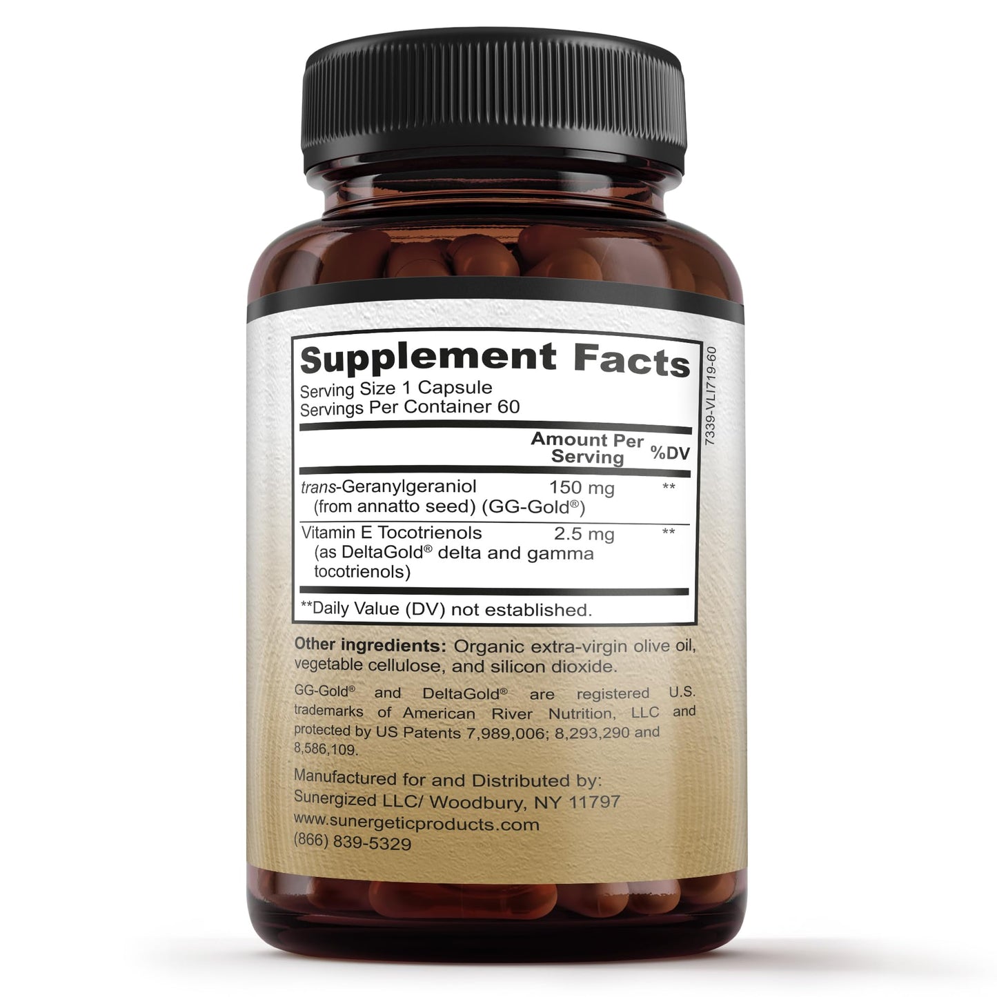 Sunergetic Geranylgeraniol Supplement - GG-Gold 150mg with DeltaGold Vitamin E Tocotrienols (Annatto Derived GG) for Statin Users, Heart Health & CoQ10 Production, 60 Capsules