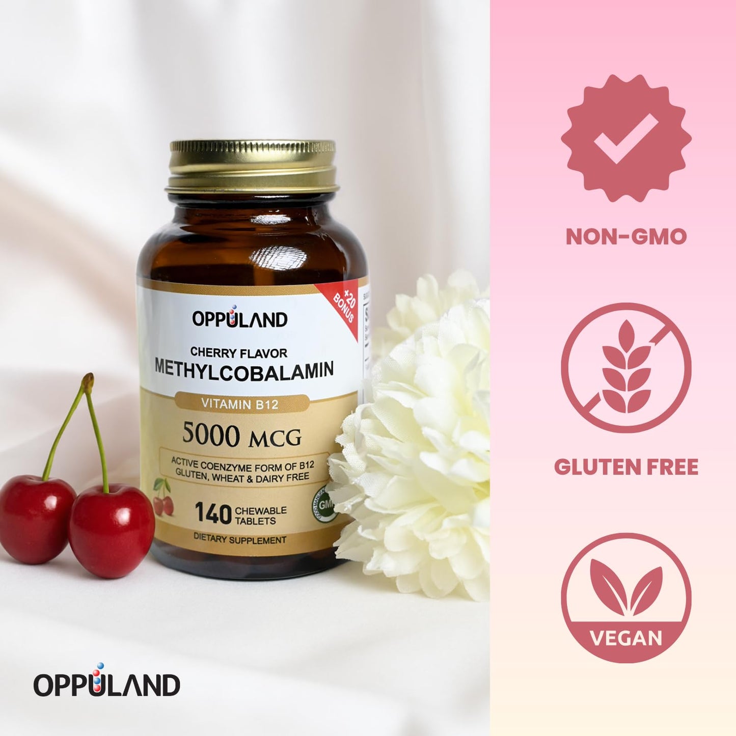 oppuland Methyl B-12 5000mcg Chewable with Folate - Vitamin B12 Methylcobalamin Sublingual Tablets - Supports Energy & Brain Function - Vegan Supplement - Cherry Flavor - 140 Count