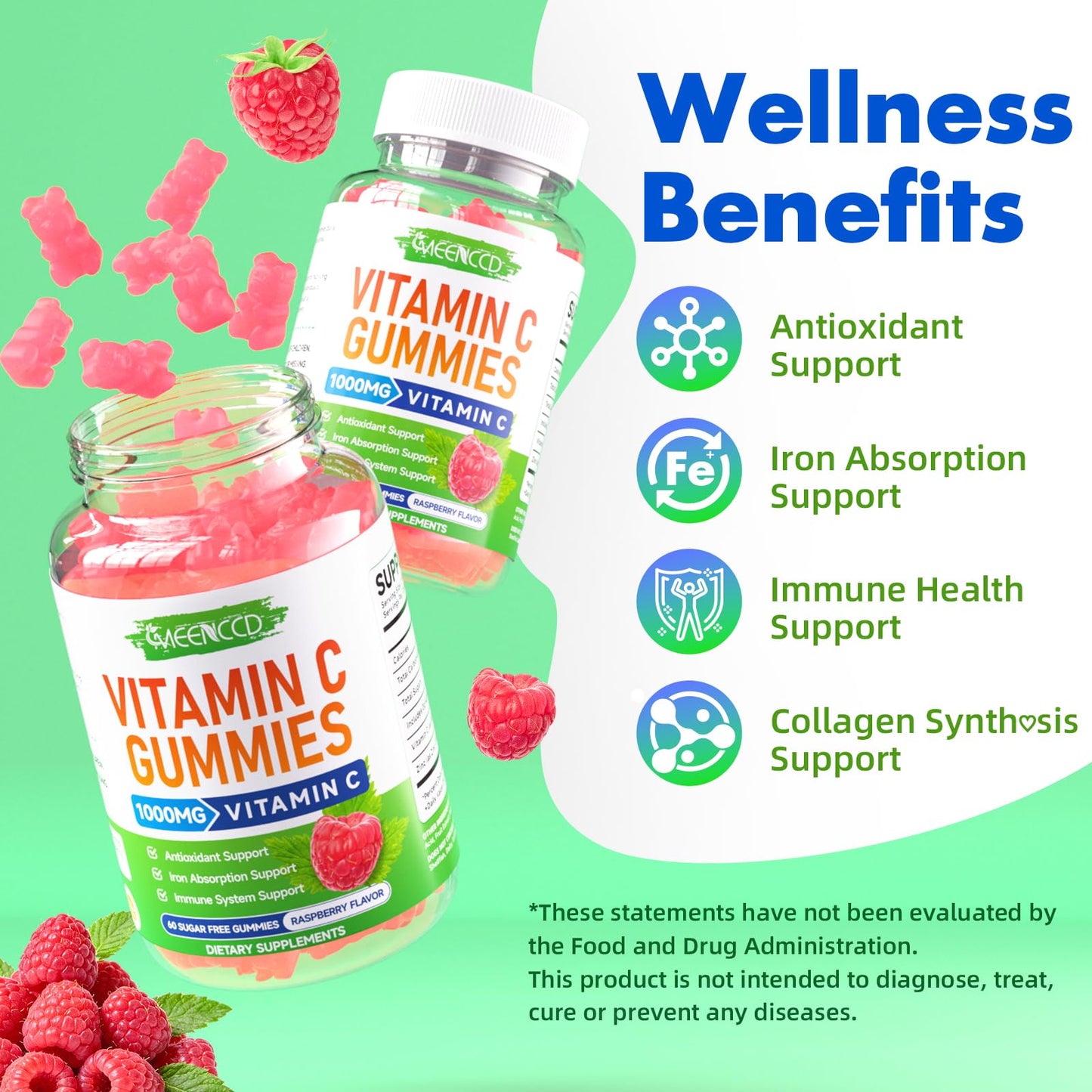 MEENCCD Organic Vitamin C Gummies with Zinc for Adults, Vegan, Non-GMO, Sugar-Free Raspberry Flavor, 60 Count