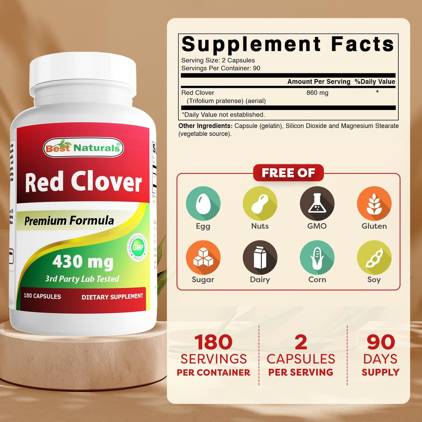 Best Naturals Red Clover 430 mg Capsules, 180 Count