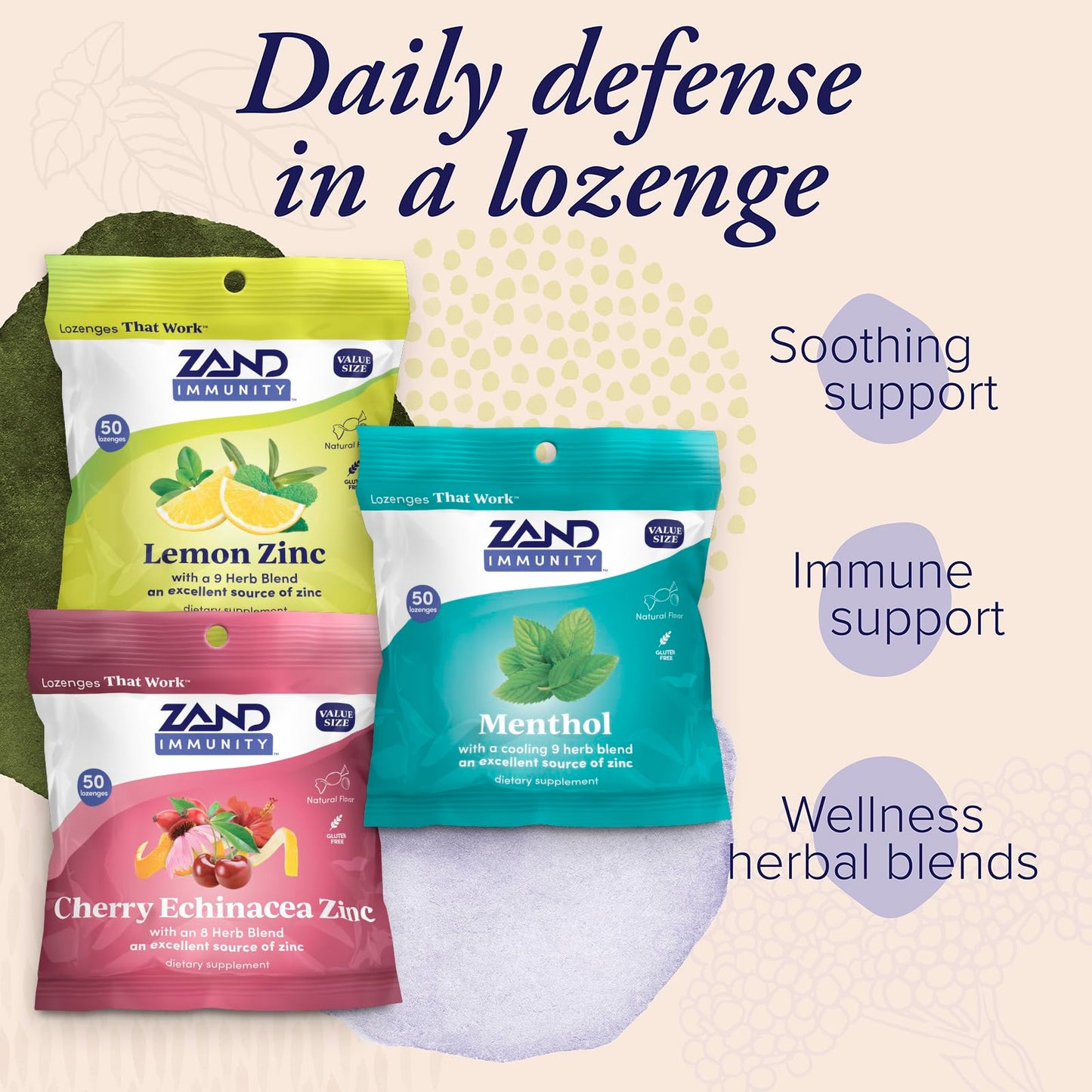 ZAND Immunity Variety 3 Pack Lemon Zinc, Menthol and Cherry Echinacea Zinc Throat Lozenges, 50 Count