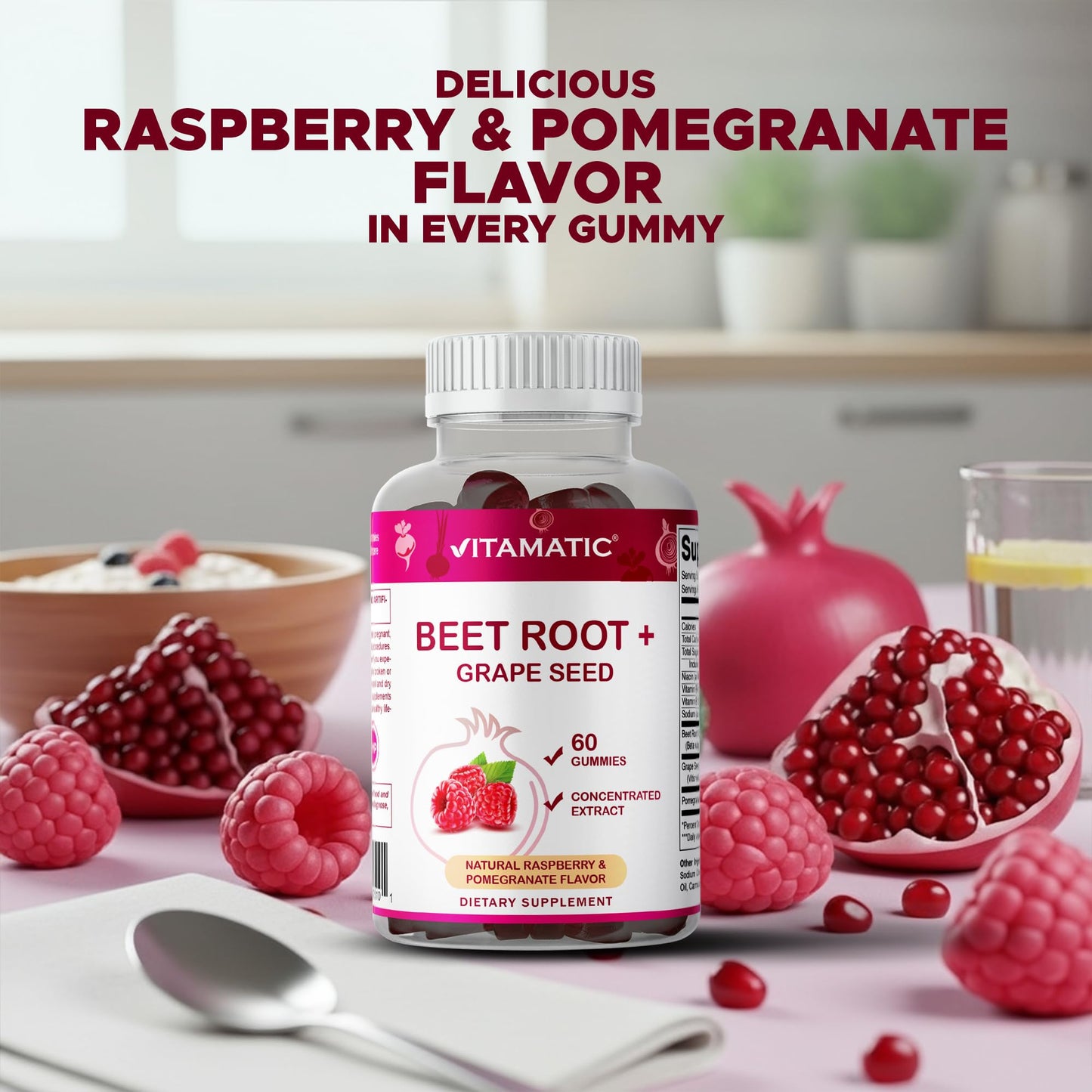 Vitamatic Beet Root Gummies with B6, B12, Grape Seed, Pomegranate & Nicotinamide – Plant-Based Extract – Vegan, Non-GMO – 120 Count