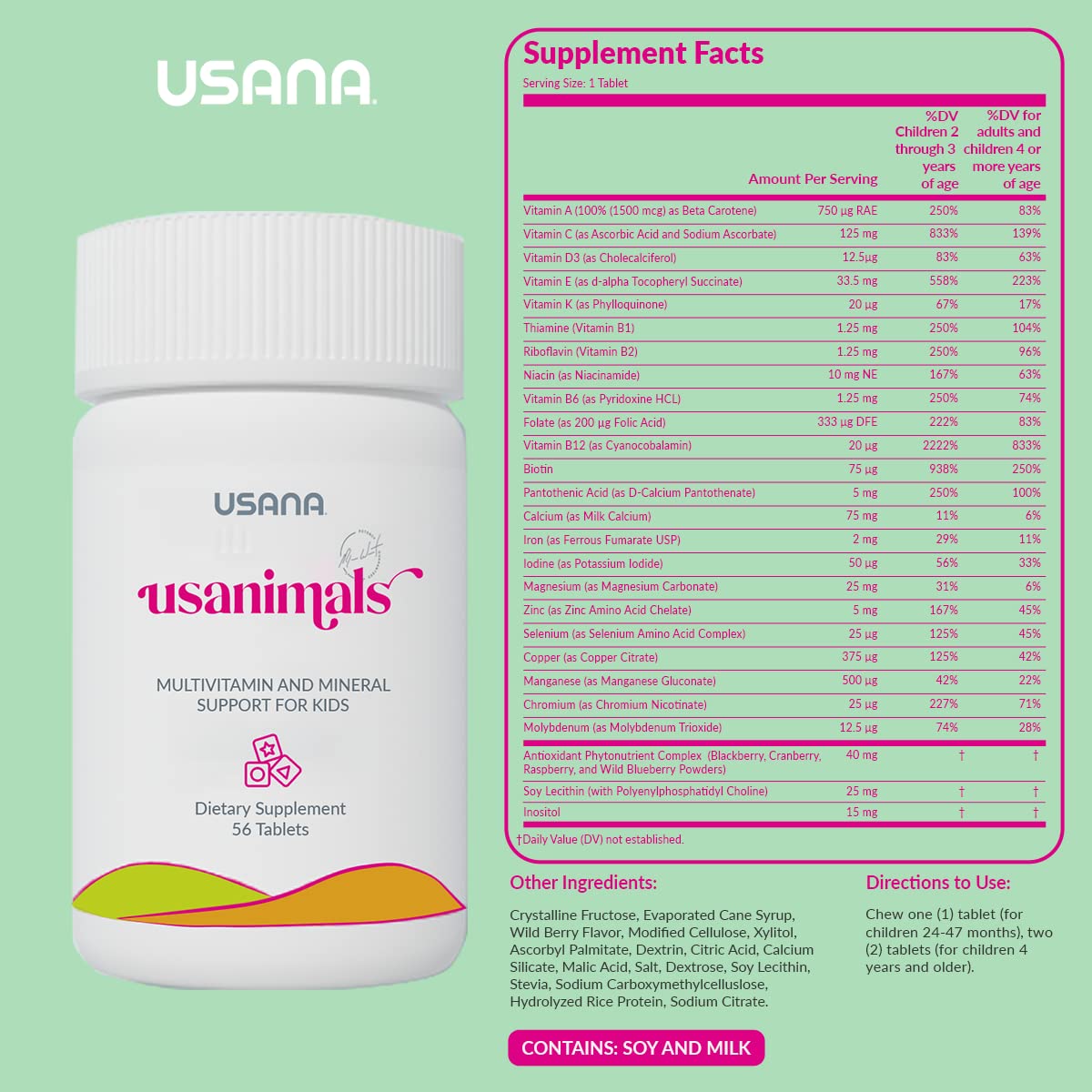 USANA Usanimals Multivitamin for Kids Chewable Tablets 56 Count