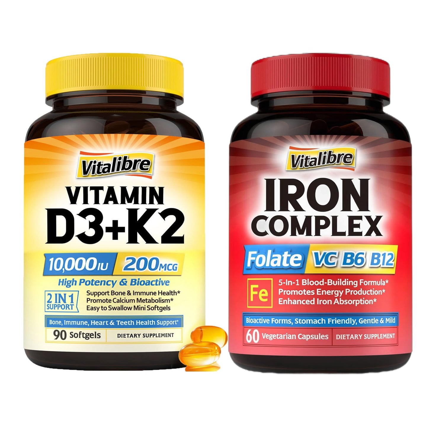 Vitalibre Iron Complex Supplement 60 Capsules & Vitamin D3 K2 Supplement 90 Softgels, 150 Count