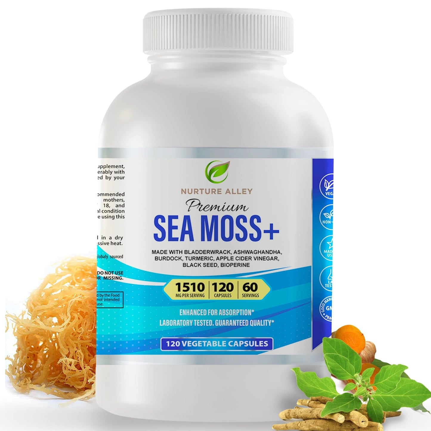 NURTURE ALLEY 8-in-1 Sea Moss & Black Seed Complex with Ashwagandha, Turmeric, Burdock, Bladderwrack, Apple Cider Vinegar & BioPerine Capsule, 120 Count