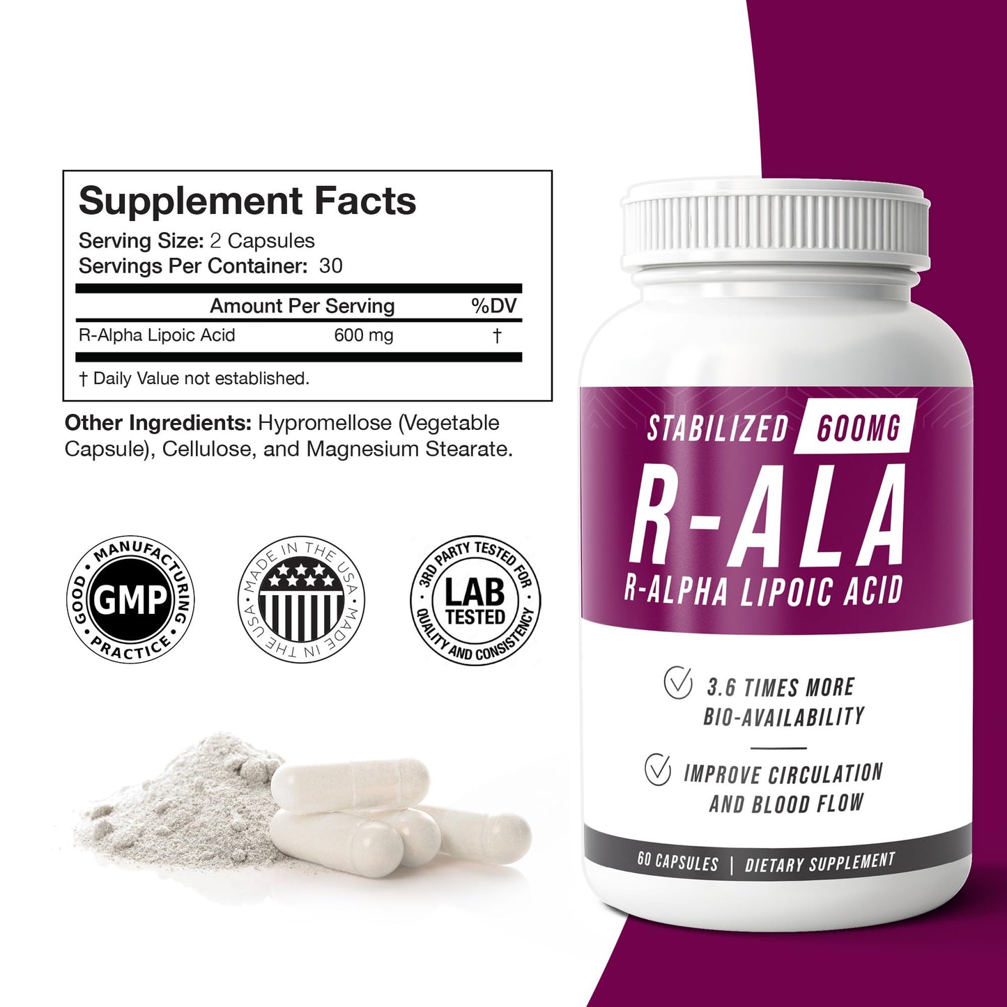 NERVE RENEW R-ALA Stabilized R Alpha Lipoic Acid 600mg Nerve Support Supplement Capsules, 180 Capsules