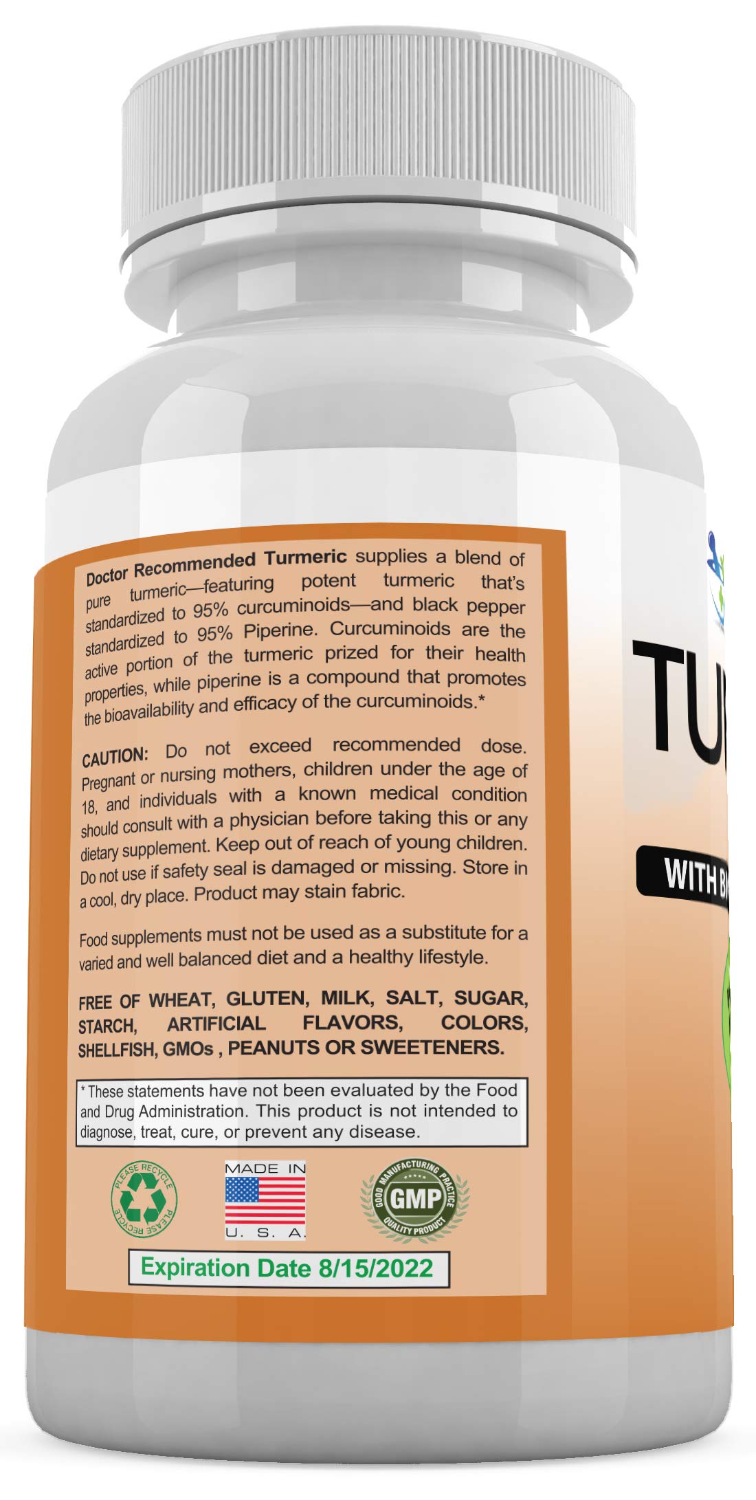 Doctor Recommended Supplements Turmeric Curcumin with Bioperine 2250mg 95% Curcuminoids with Black Pepper and Triphala, 360 Veggie Capsules